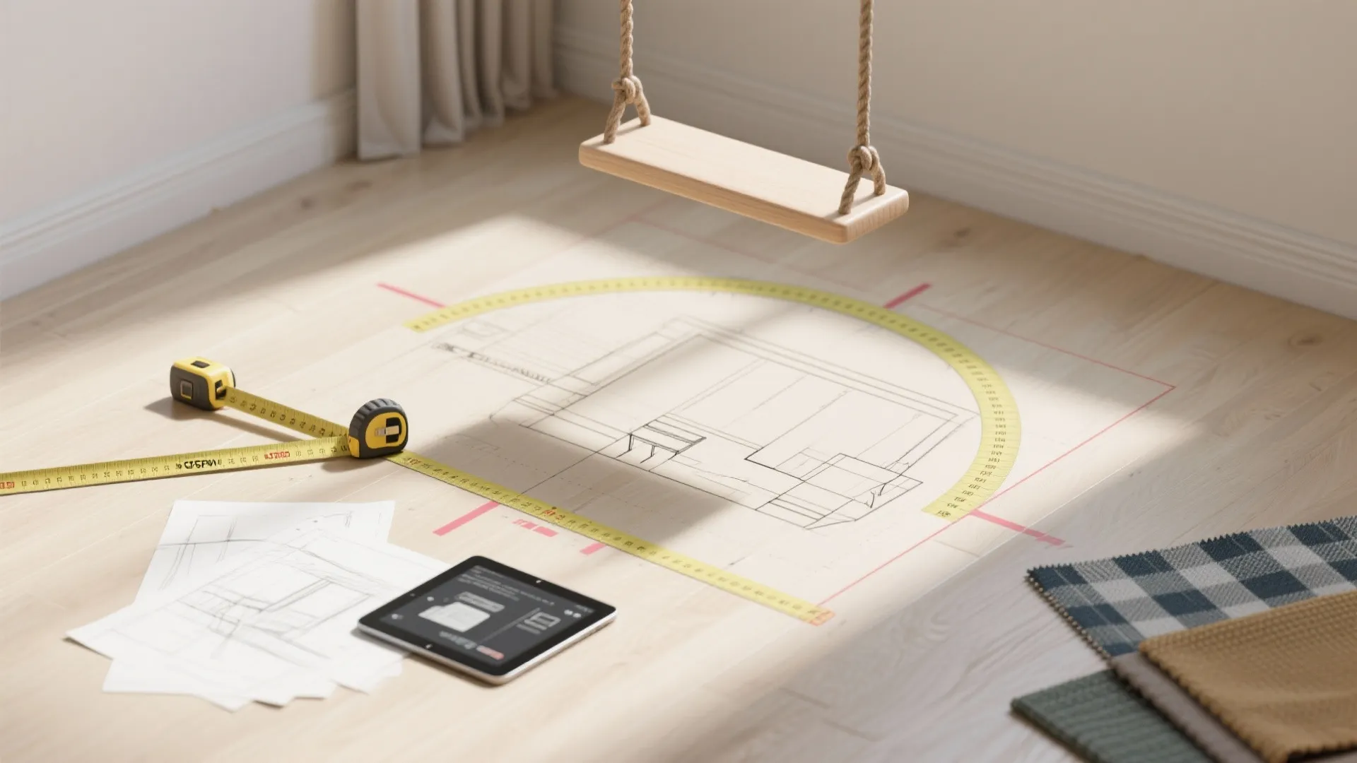 Floor plan drawing on wooden floor with measuring tape and a small wooden swing hanging