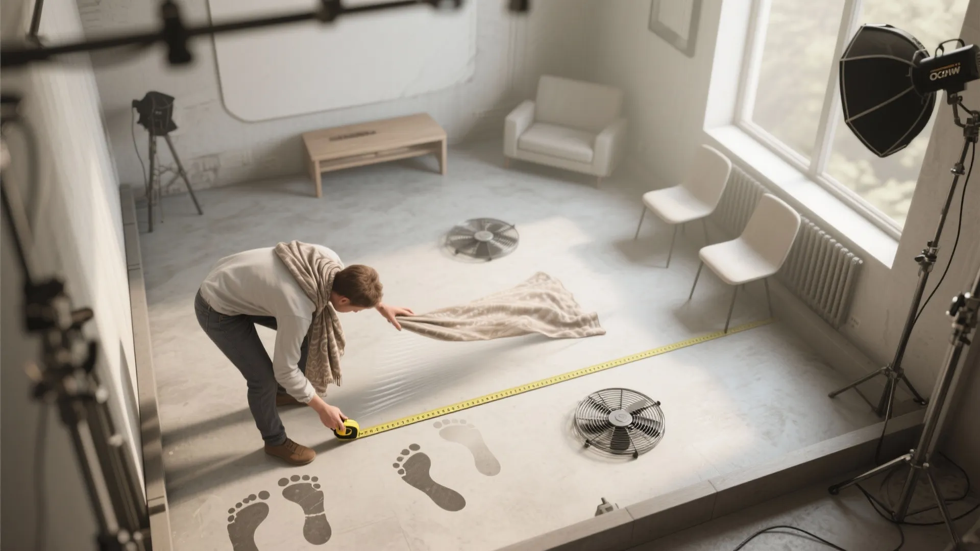 Man using yellow tape to measure floor space in a room with chairs and fans