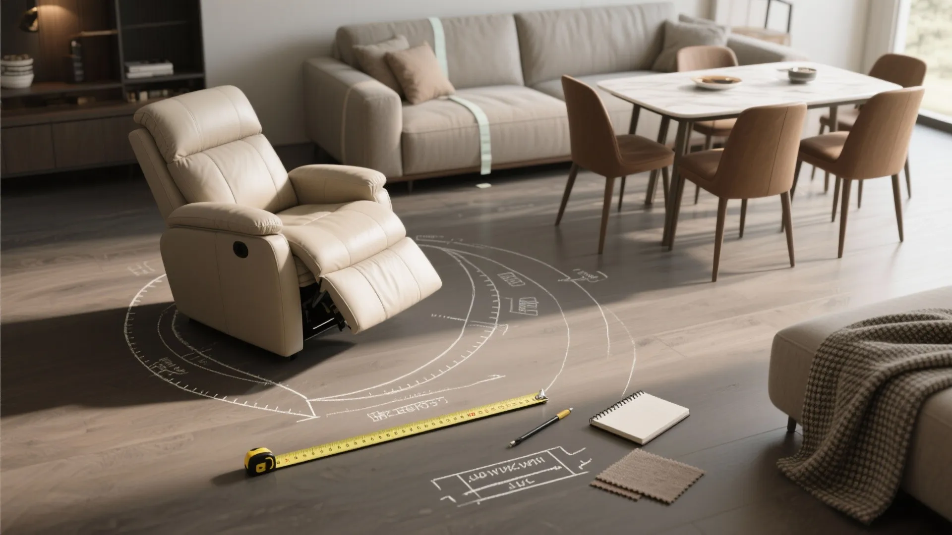 Living room floor planning with tape measure pencil and chalk drawings for new furniture layout