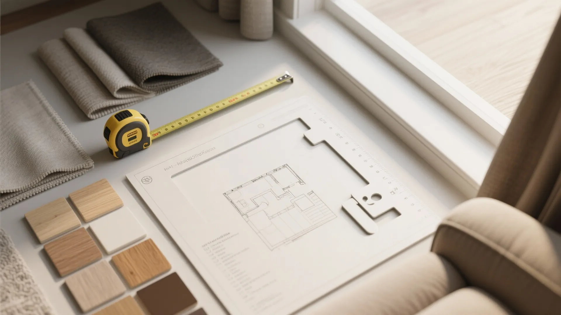 Floor plan drawing with yellow tape measure fabric samples and wooden floor tiles on table