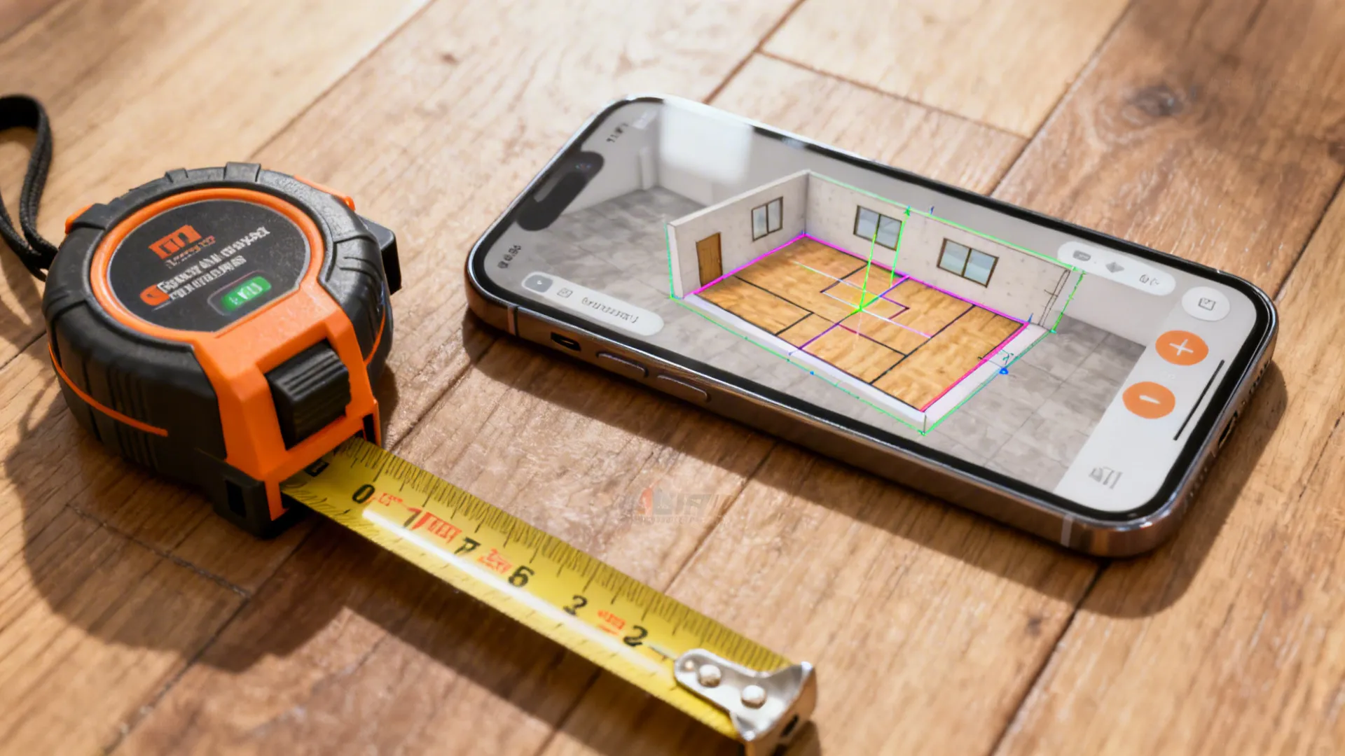 Measuring tape, laser measure and phone with 3D floor planner app showing dimensions.