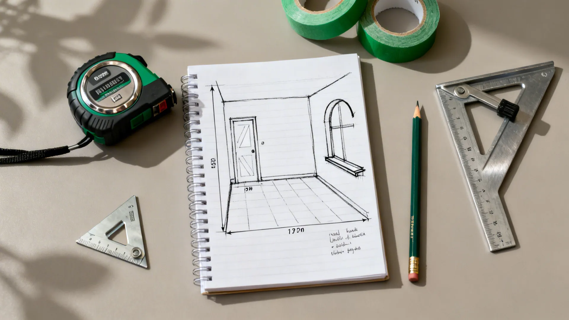 Flat lay of laser measure, steel tape, and a dimensioned 2D room sketch with door swing arcs.