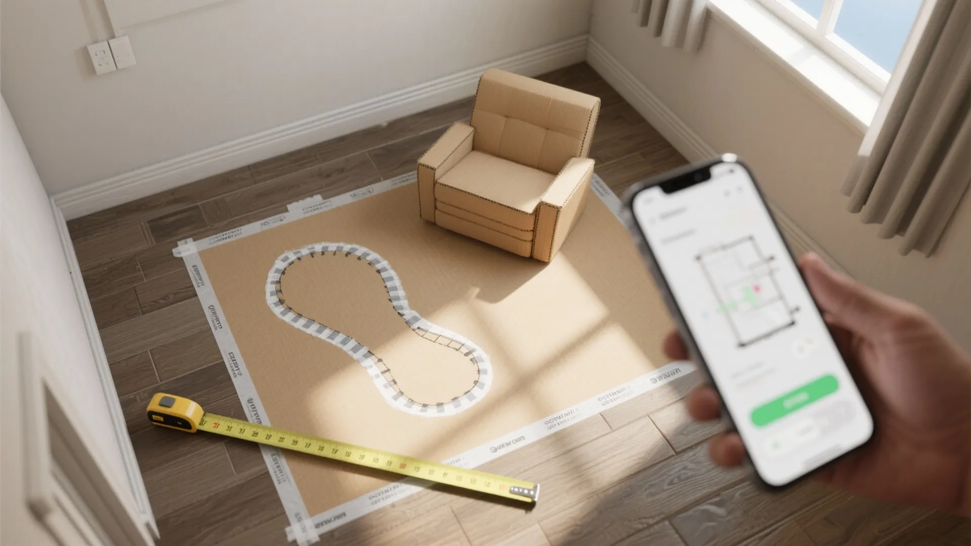 Person uses a mobile phone floor plan app while measuring a room with yellow tape