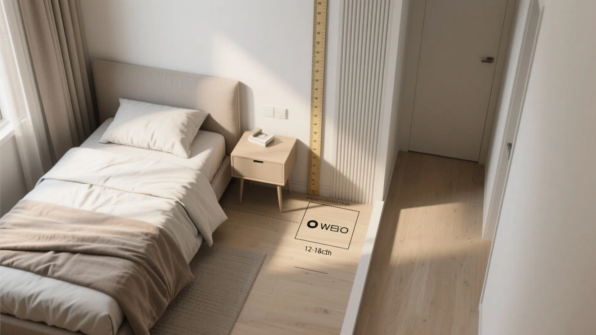 Modern bedroom with single bed wooden nightstand wall panel measuring tool and soft natural light