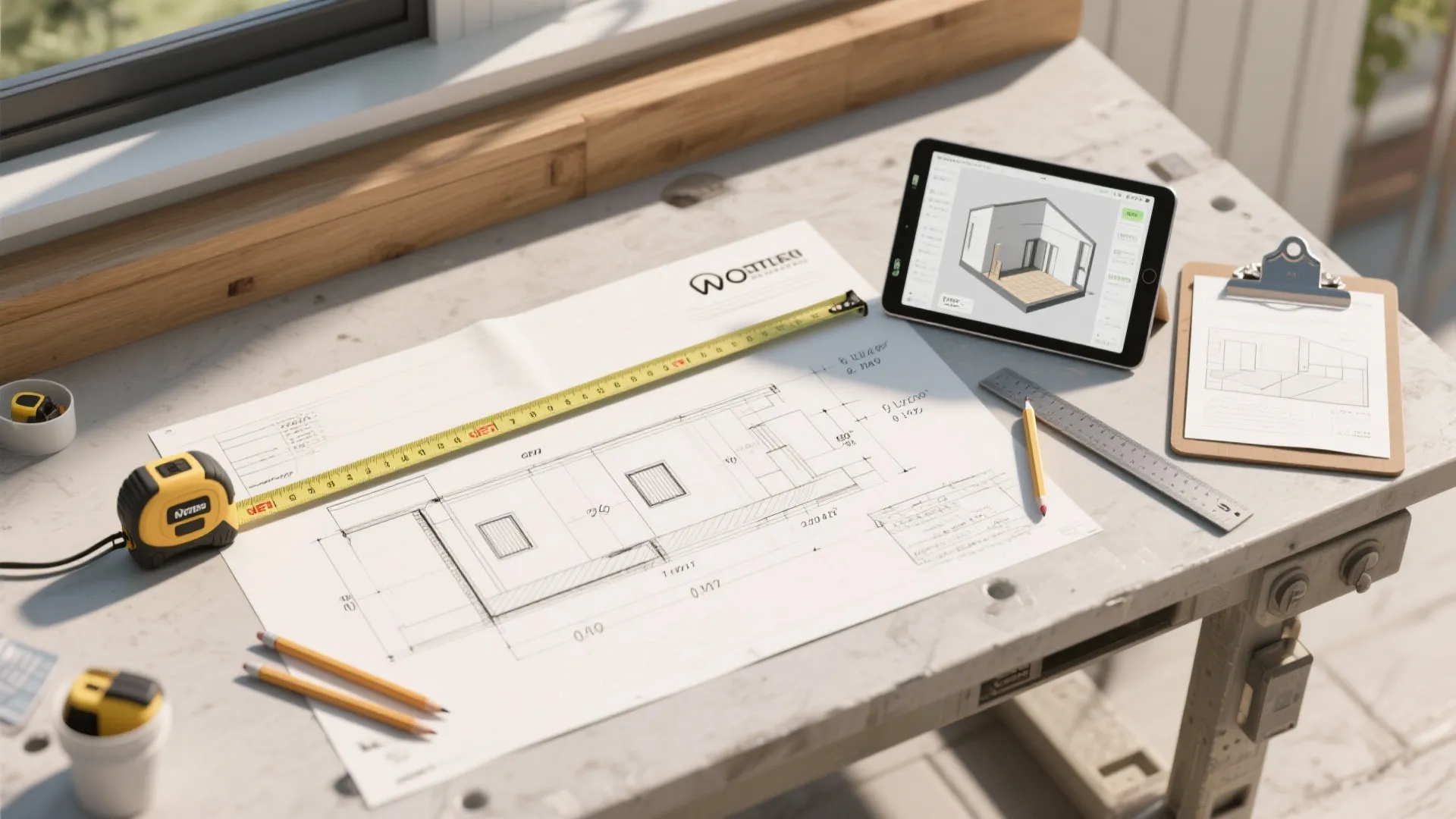 Architectural floor plan on workbench with yellow tape measure tablet showing interior design drawing pencils