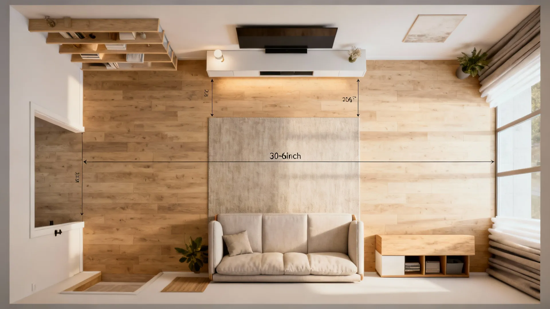 Top view of a living room layout showing distance measurements between sofa, rug, and cabinet