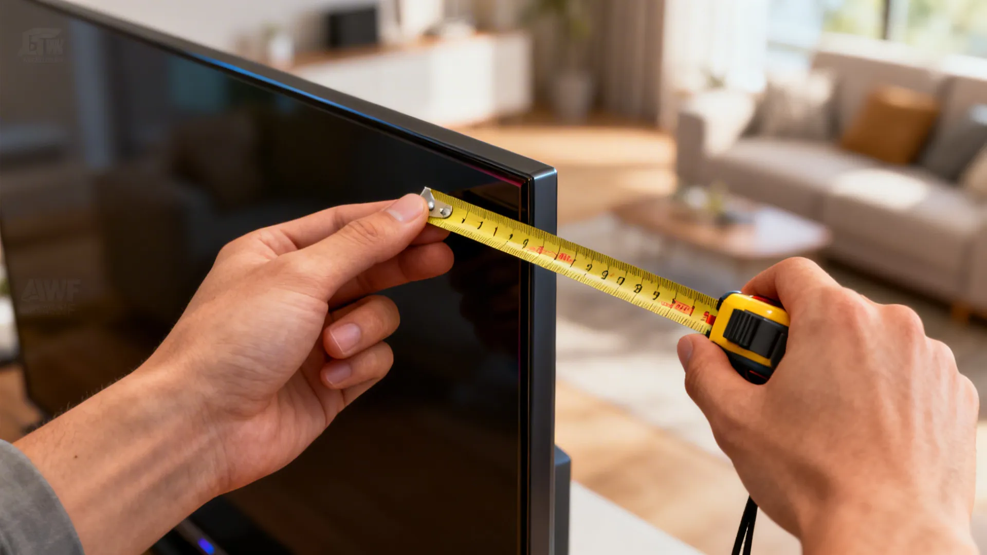 Hands measuring viewing distance to a TV screen in a living room