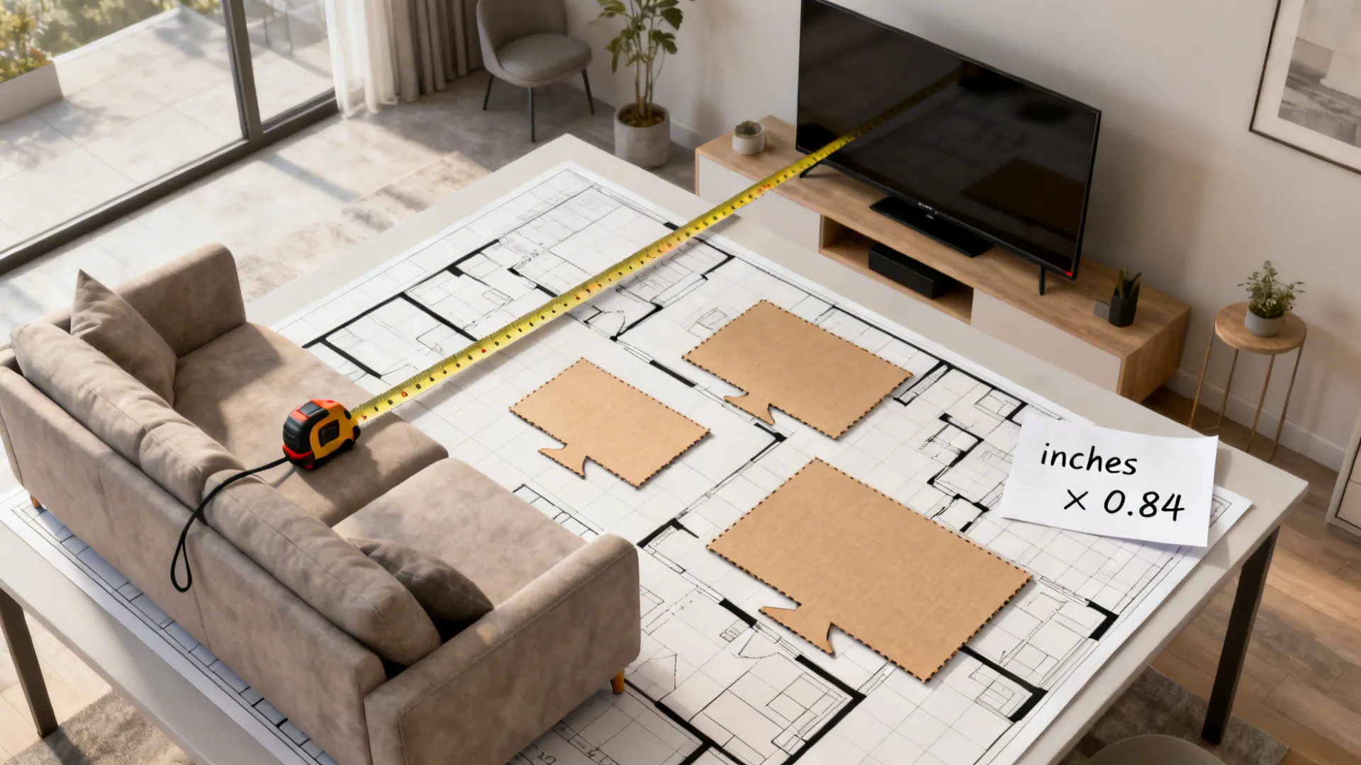 Top-down mockup showing measuring viewing distance and cardboard TV sizes on a floor plan