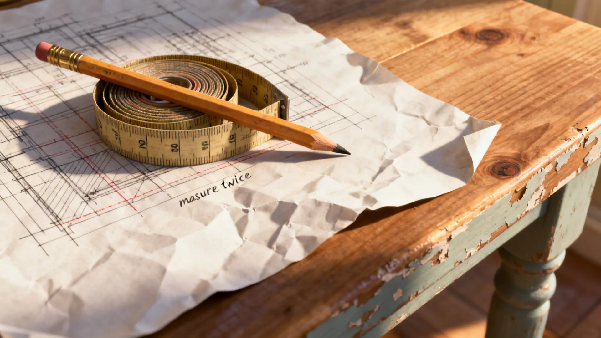 Measuring tape and planning sketch emphasizing precise measurement for small kitchen furniture.