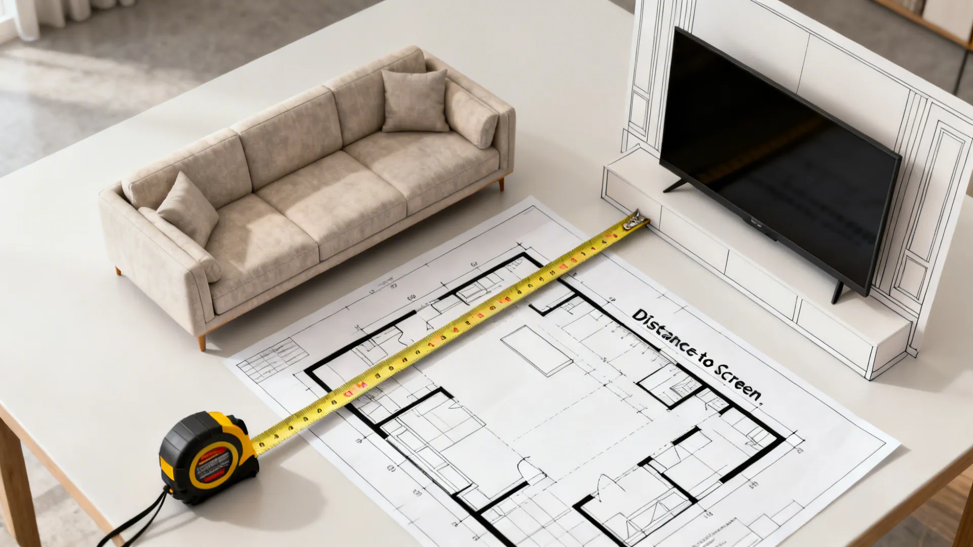 Top-down view of a tape measure between sofa and TV outline on a floor plan mockup.
