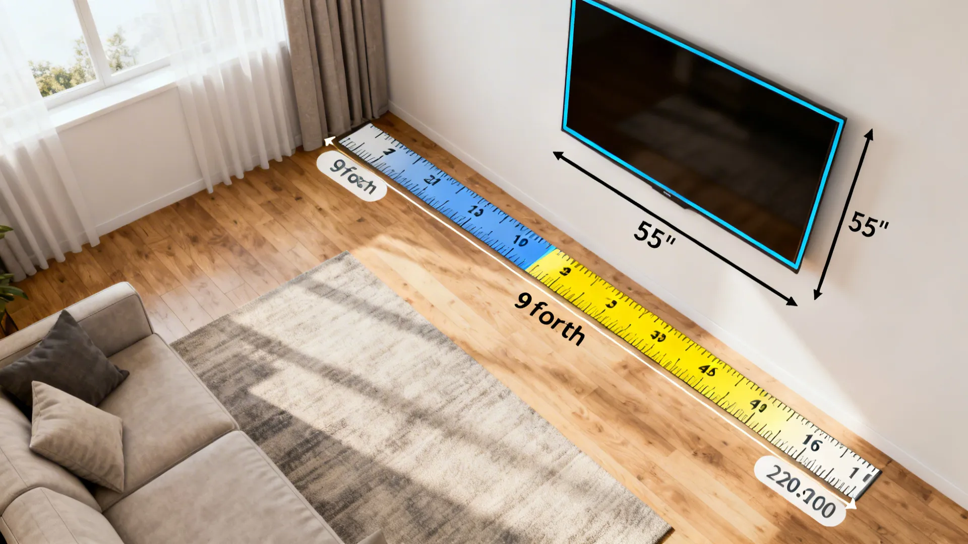 Top-down layout of a living room with measured viewing distance and a 55-inch TV outline.