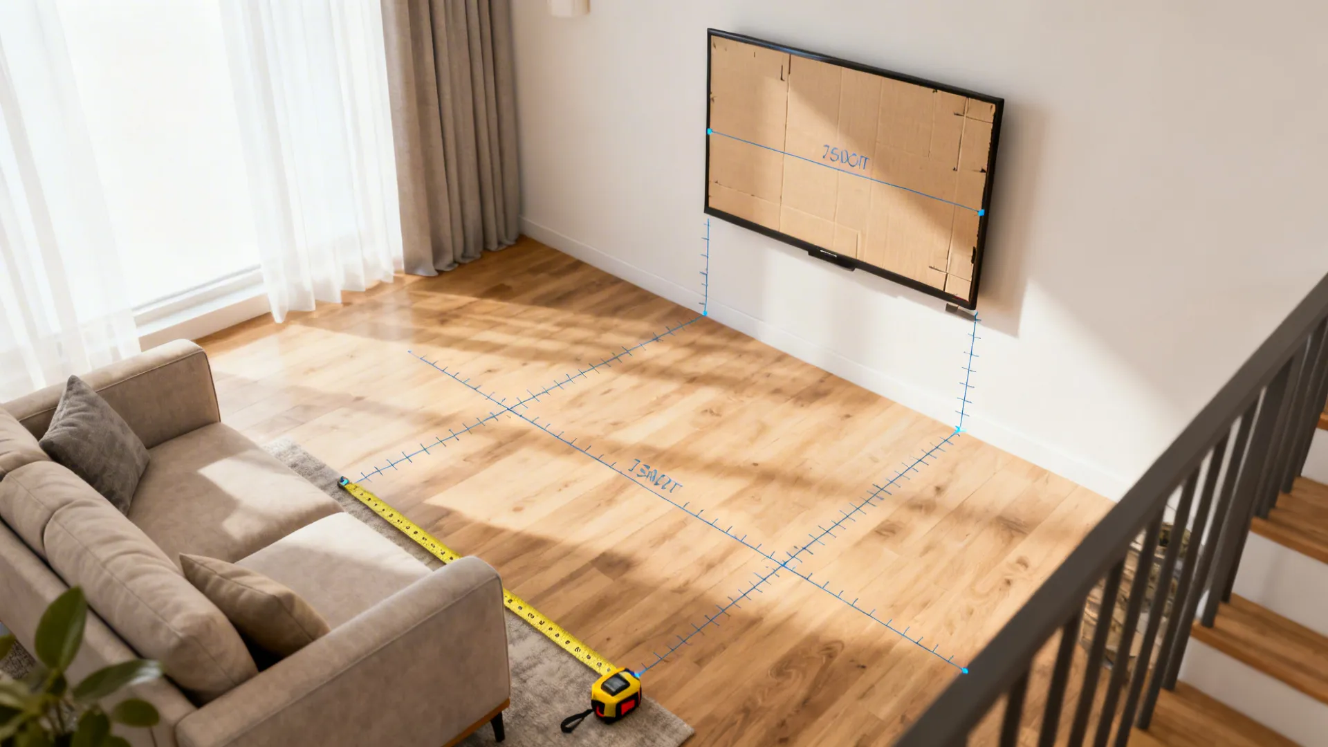 Top-down living room mockup showing sofa-to-TV measurement and cardboard TV mockup to illustrate viewing distance.