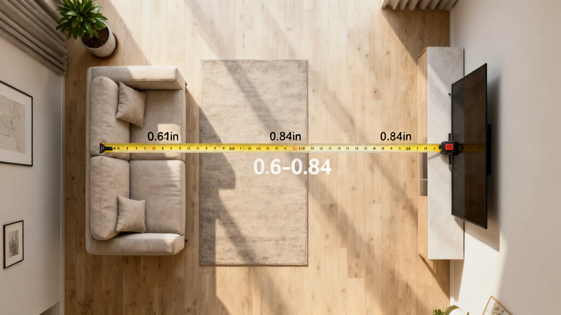 Top-down floor plan showing measured distance from sofa to TV with multiplier overlay for ideal diagonal size.