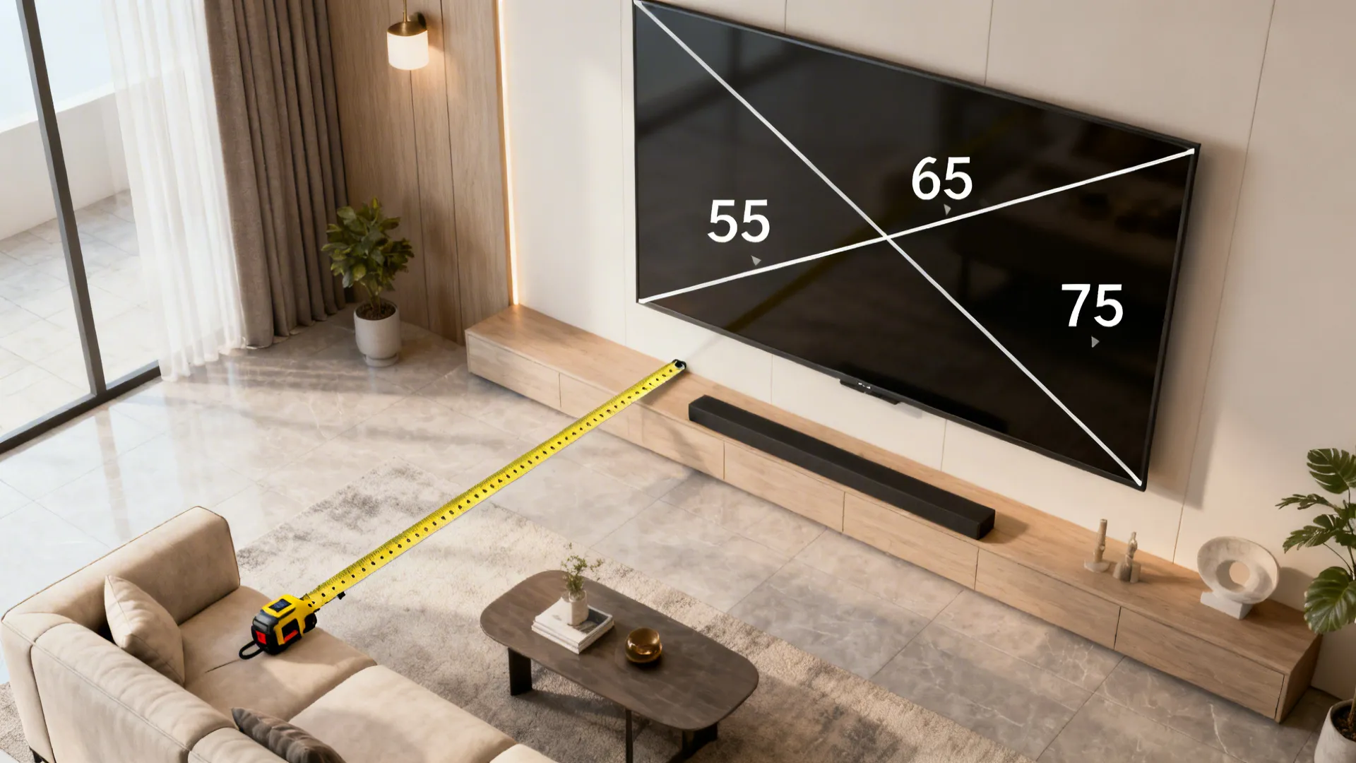 Measuring tape showing the distance between a comfortable sofa and a large television on wall