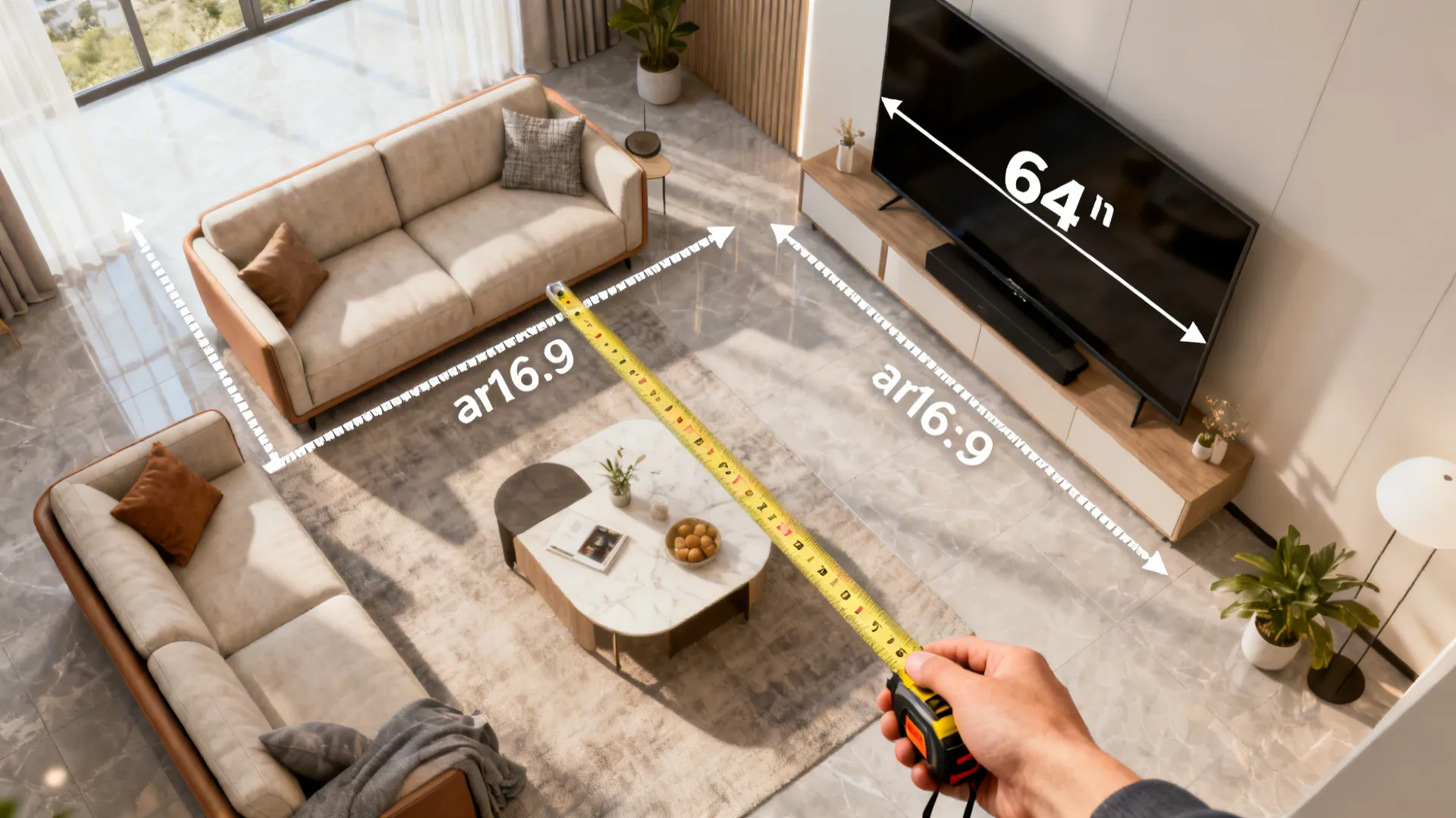 Top-down mockup showing tape measurement from sofa to TV center and recommended screen size.