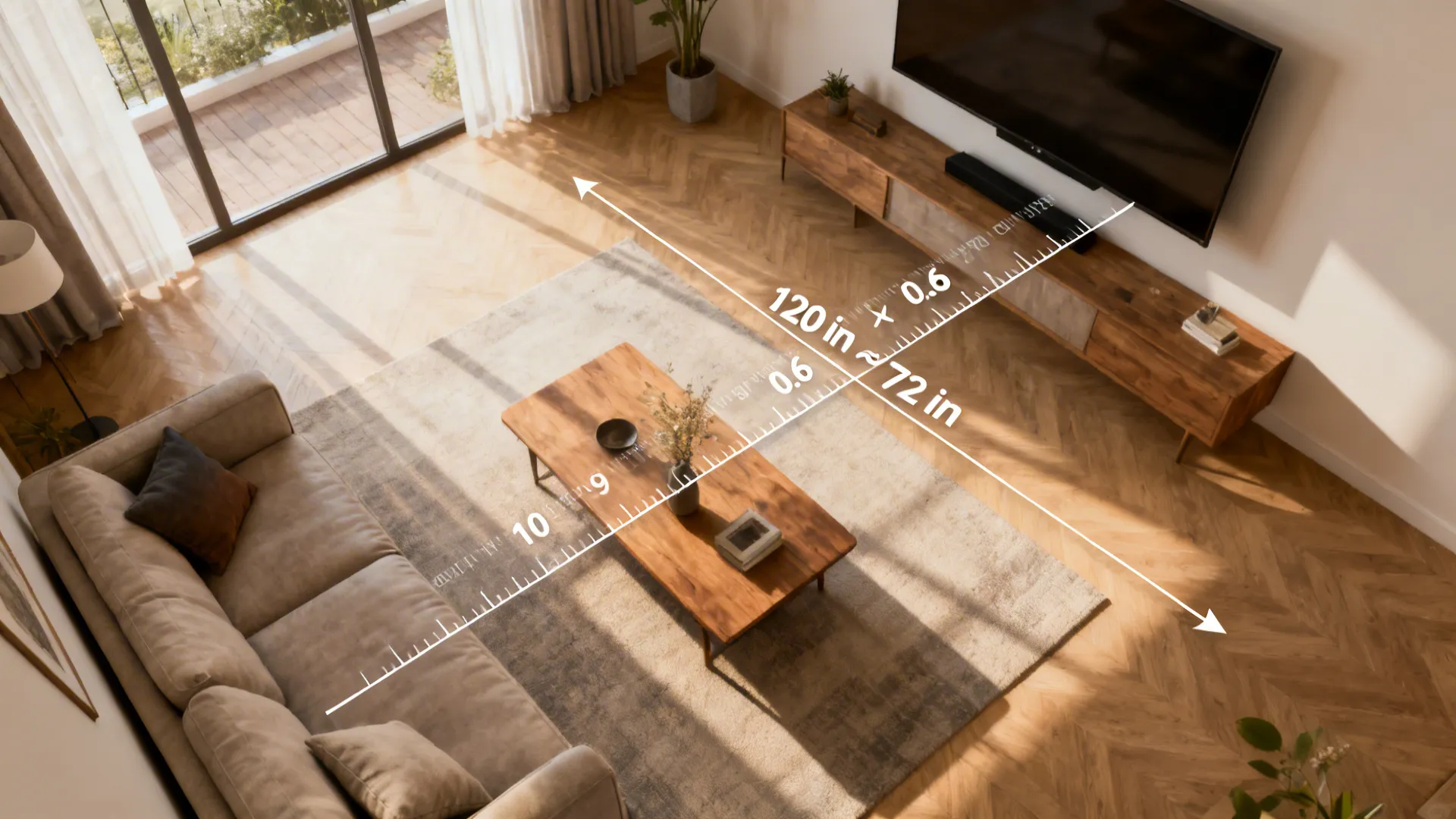 Top-down living room layout showing couch-to-TV measurement and 0.6× calculation