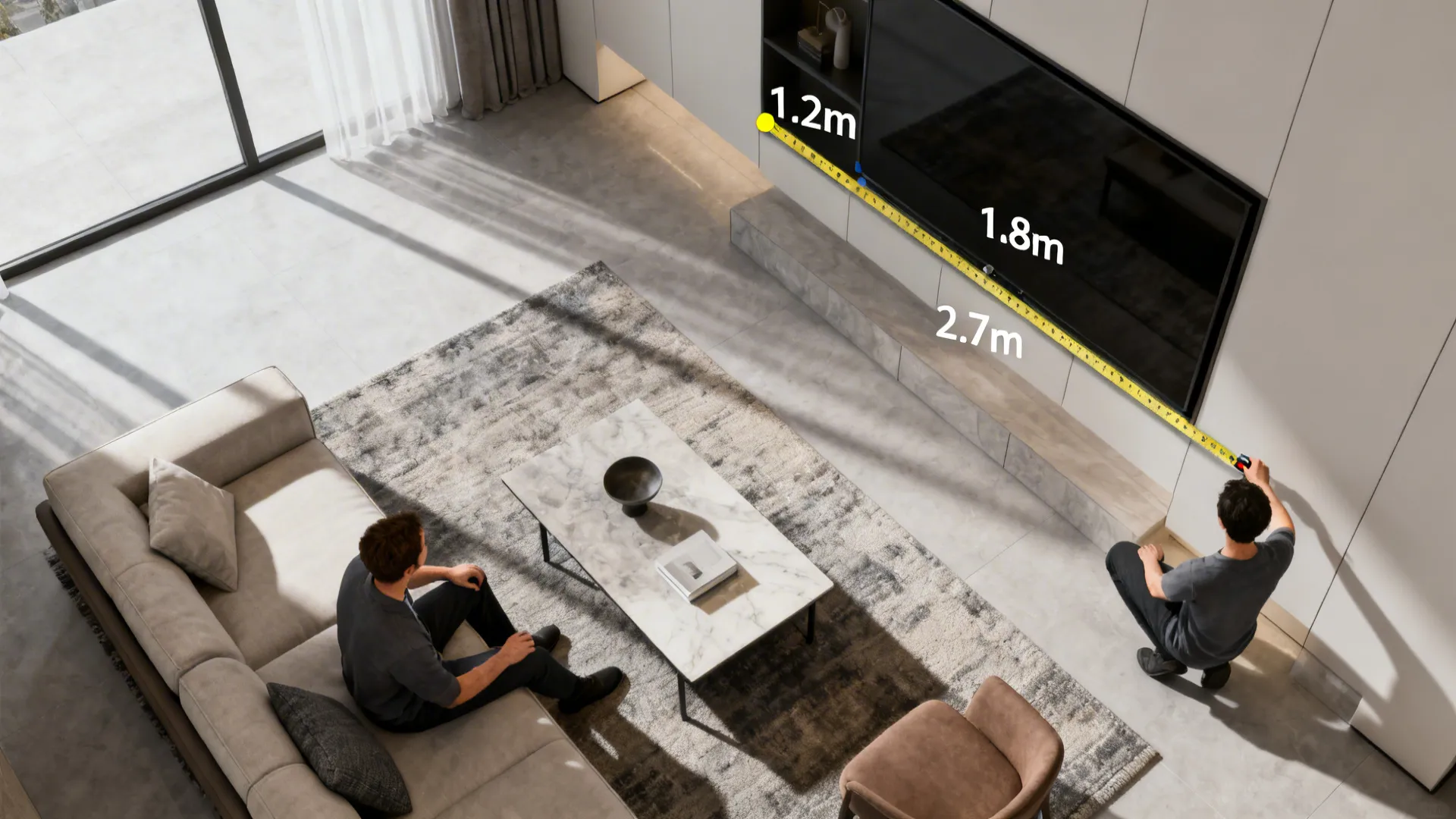Top-down floor view of a living room with a person measuring the distance from sofa to TV wall.