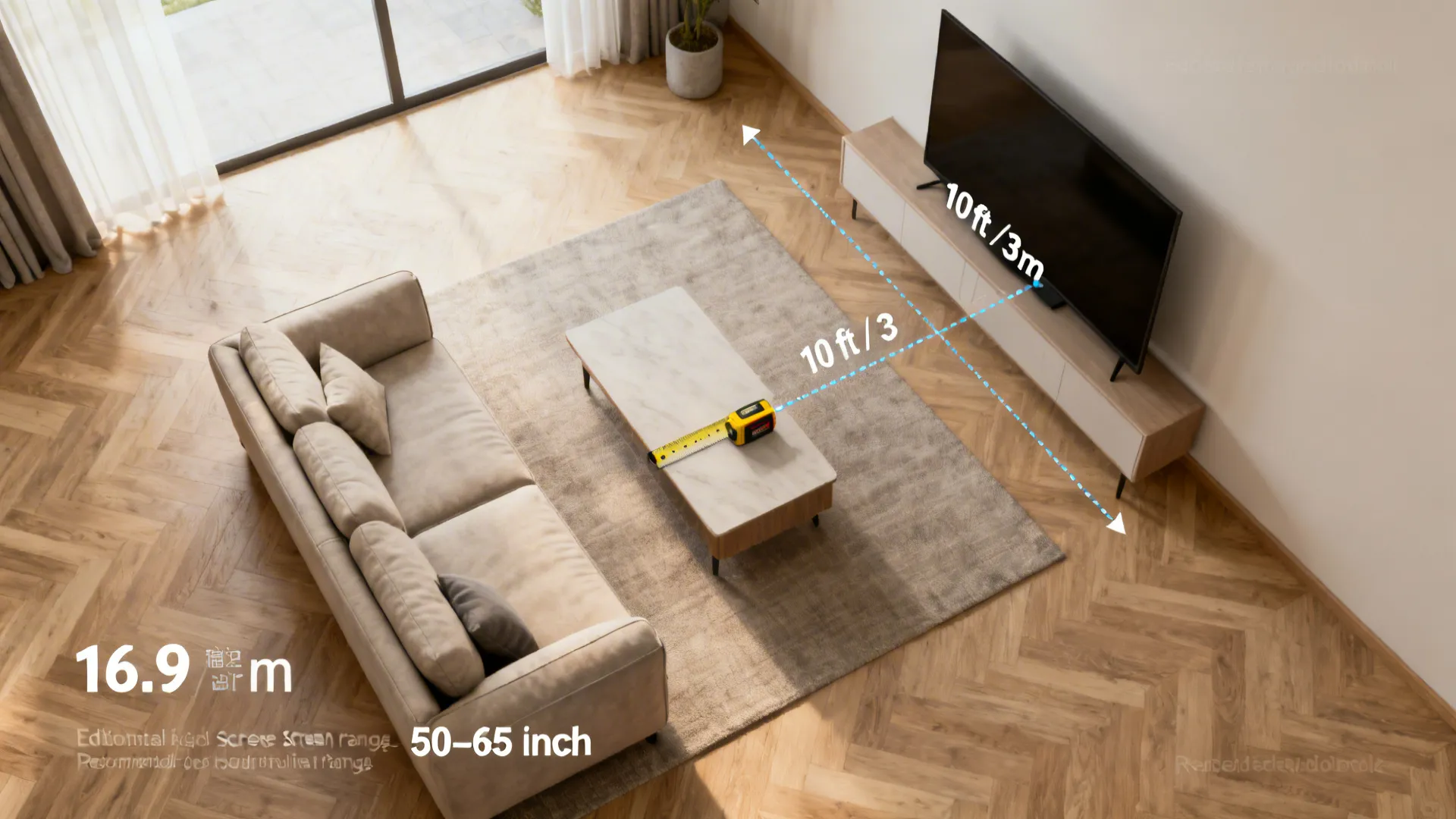 Top-down floorplan mockup showing sofa-to-TV viewing distance with a tape measure and recommended TV size range.