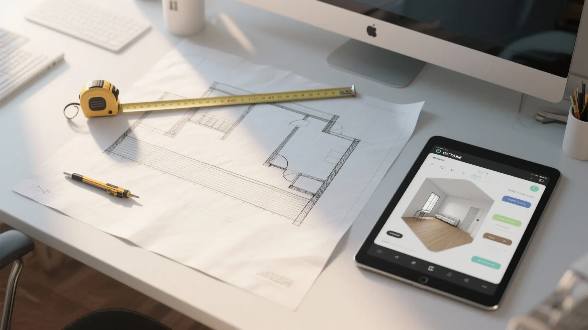 Desk with paper floor plan, yellow tape measure, pen, and tablet showing 3D room layout