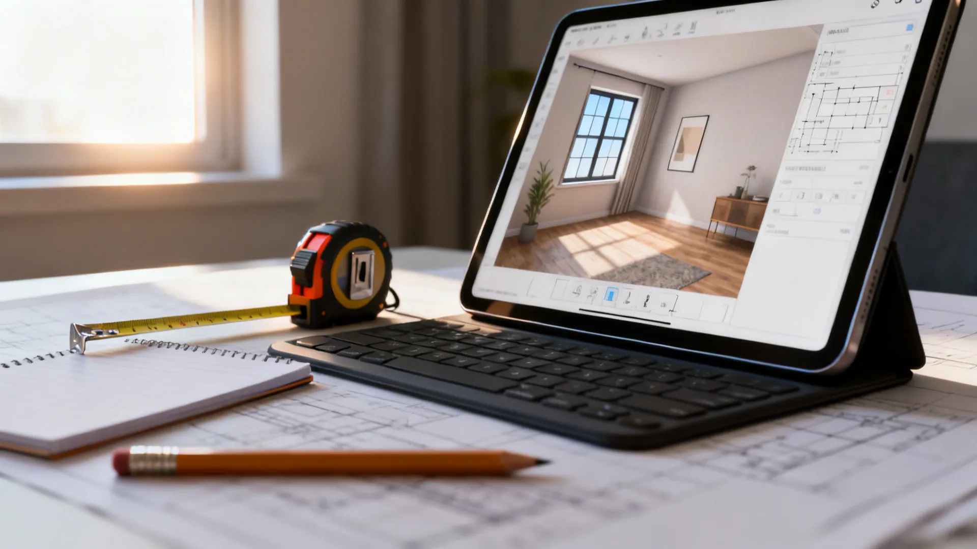 Designer mockup with a 3D room planner on a laptop, measuring tape and notes beside it.