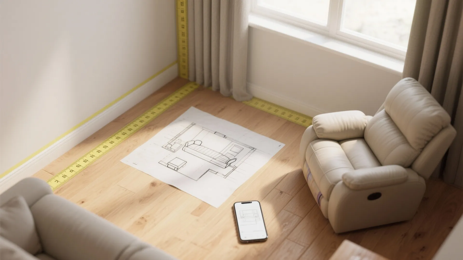 Top-down view showing tape measure and painter's tape marking a recliner's footprint in a narrow living room.