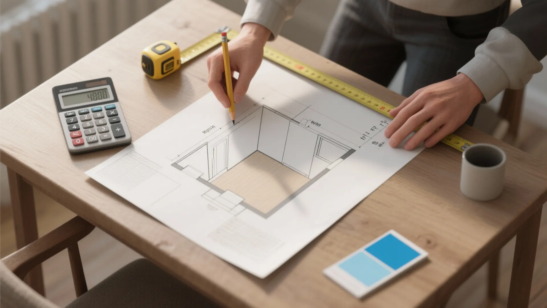 Architectural designer using a pencil and yellow tape measure to draft a room floor plan