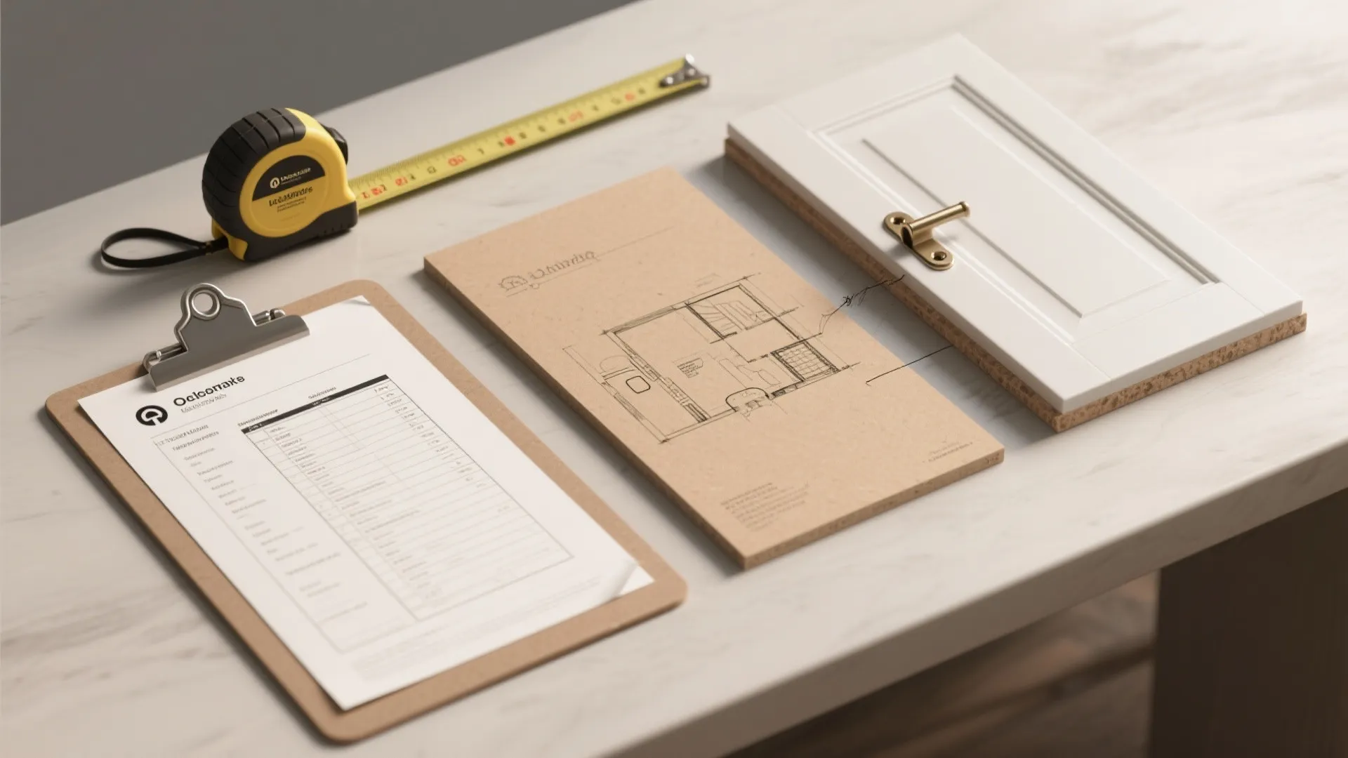 Measurement tools including tape measure and checklist next to a small white door on table
