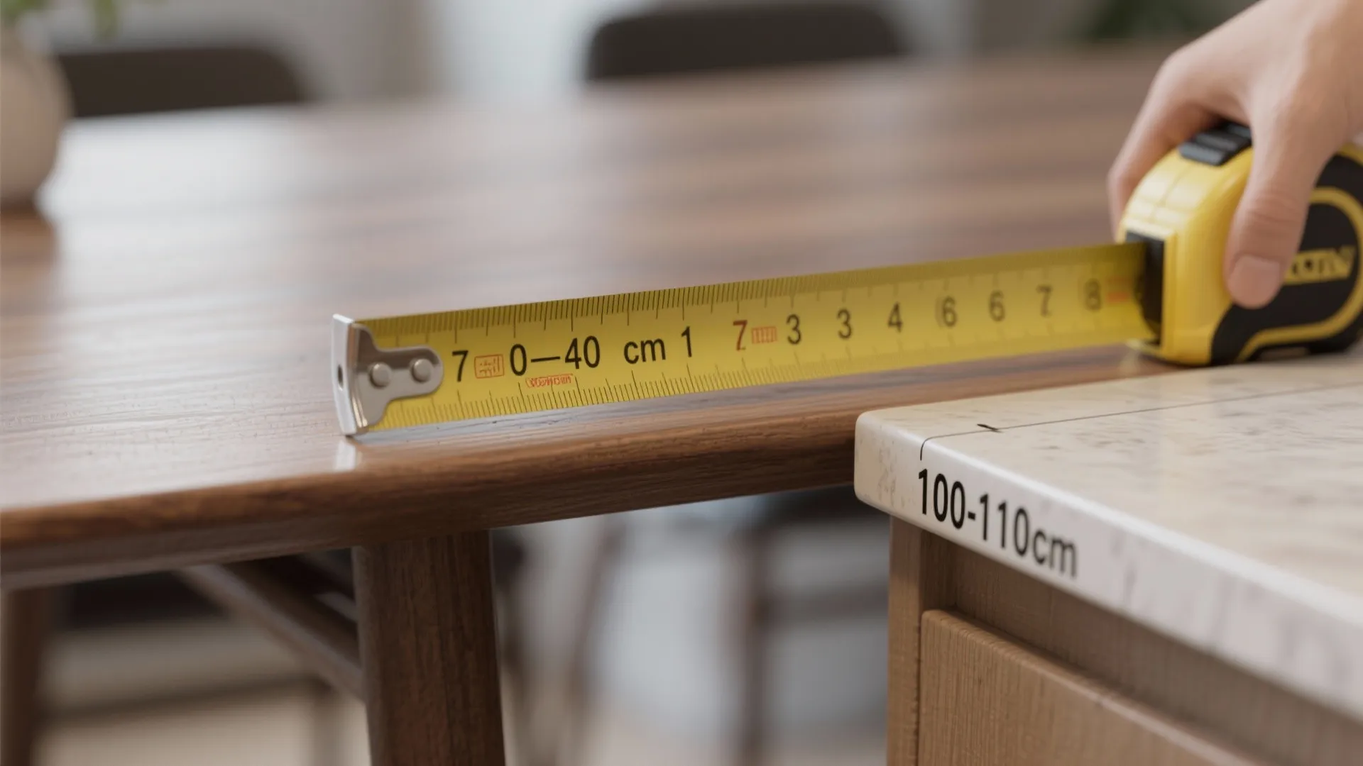 Macro shot of a tape measure and ruler showing recommended table and ledge heights for tiny kitchens
