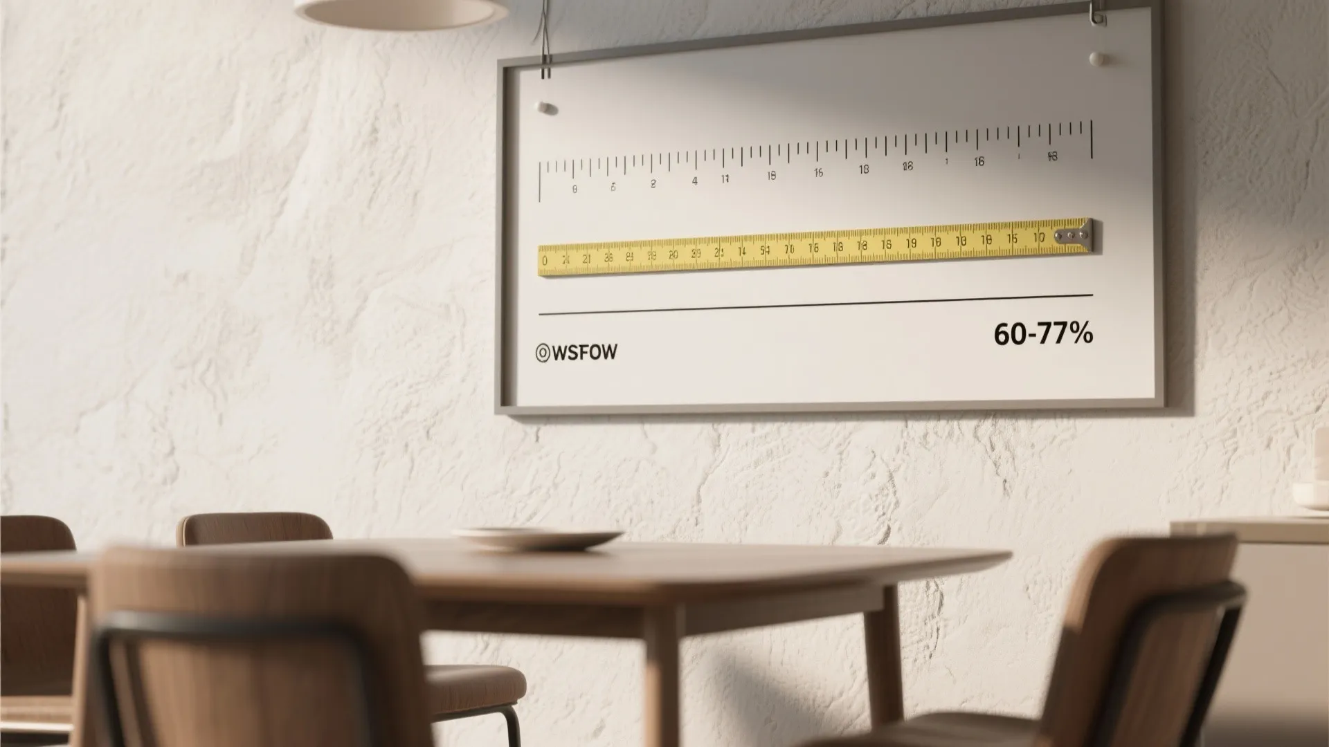 Close-up showing measurement guidelines for hanging large art above a dining table