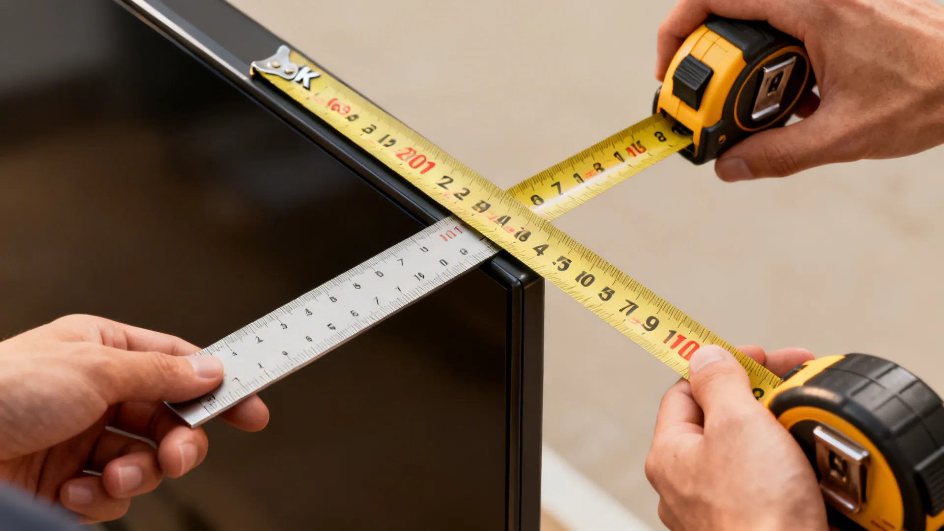 Close-up of tape measure showing TV diagonal measurement for choosing the right screen size.