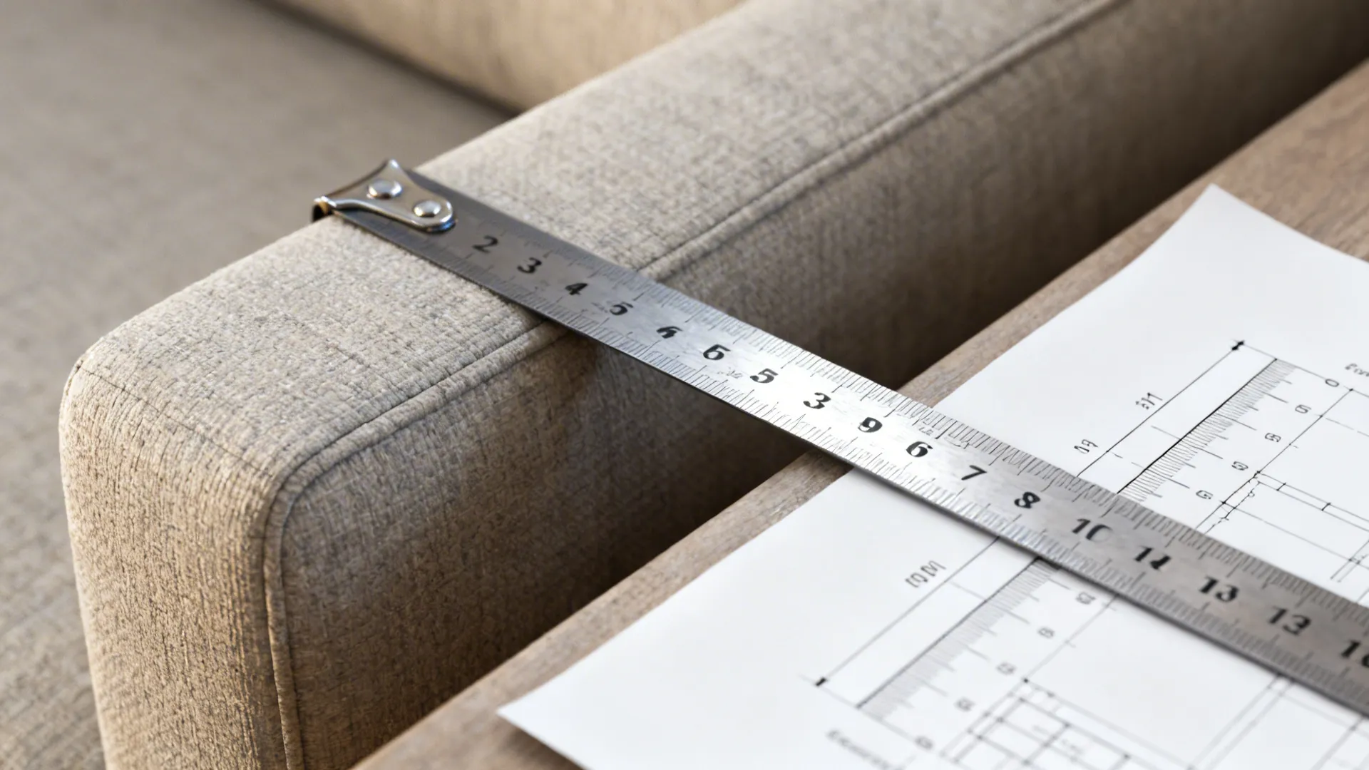 Close-up of a tape measure showing three feet clearance and sofa fabric texture.