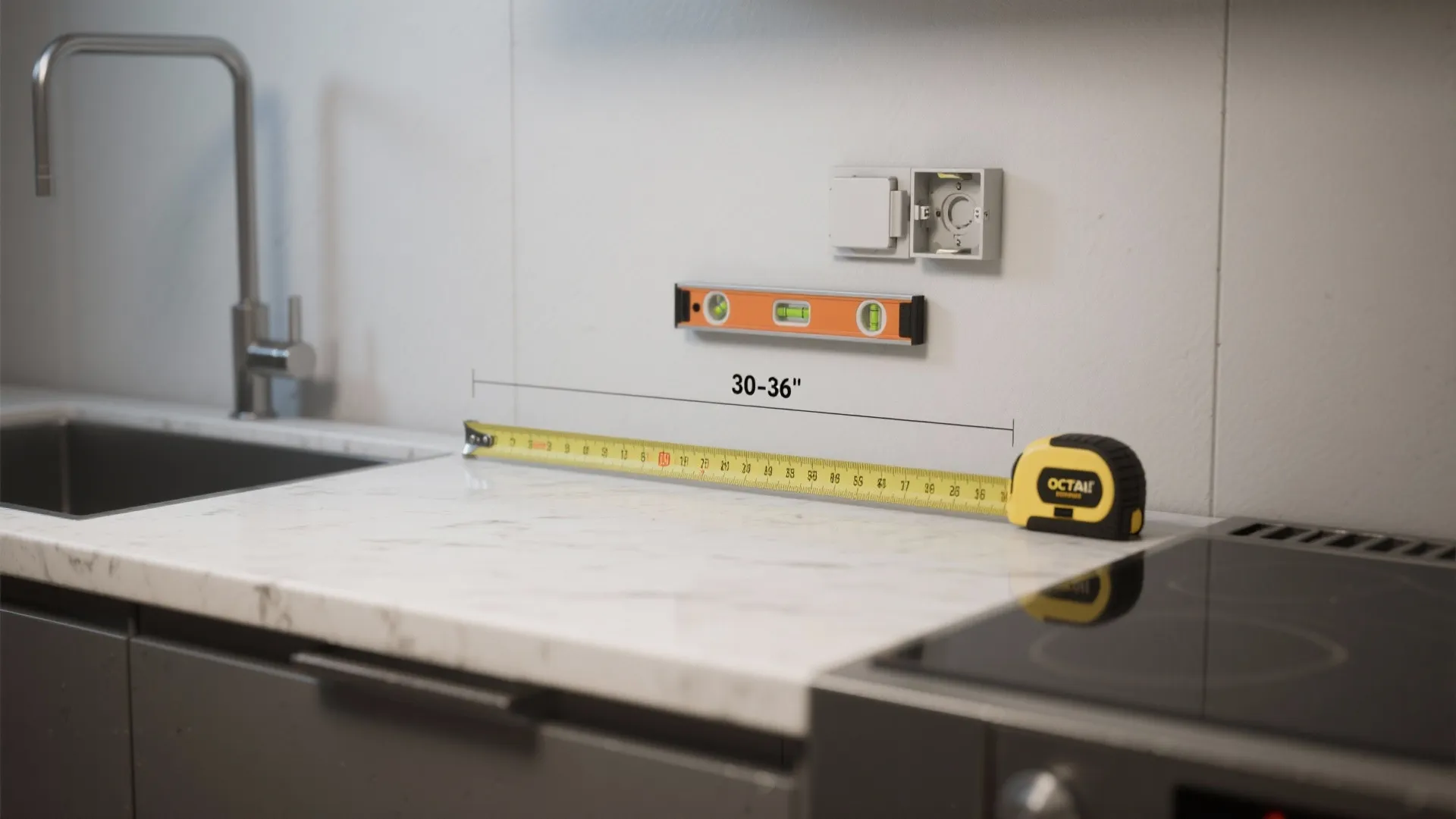 Measuring tape marking recommended sconce height above kitchen countertop with electrician tools