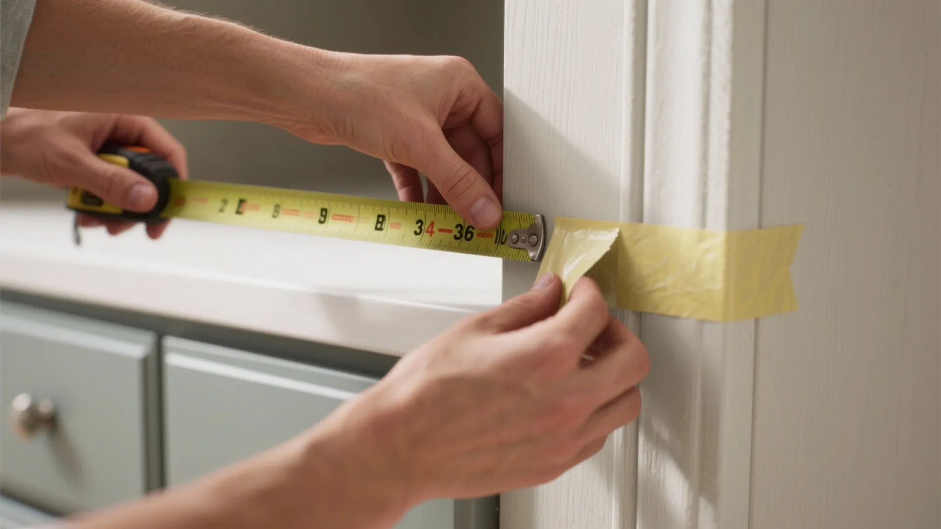 Hands measuring knob heights with a tape measure and using painter's tape mockups.