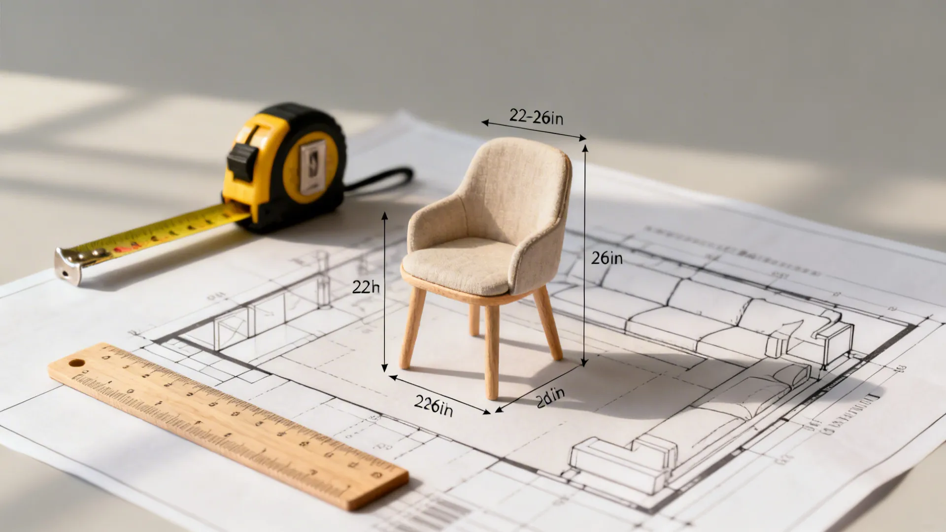 Small model chair on interior design drawing with tape measure, wooden ruler, and measurement lines