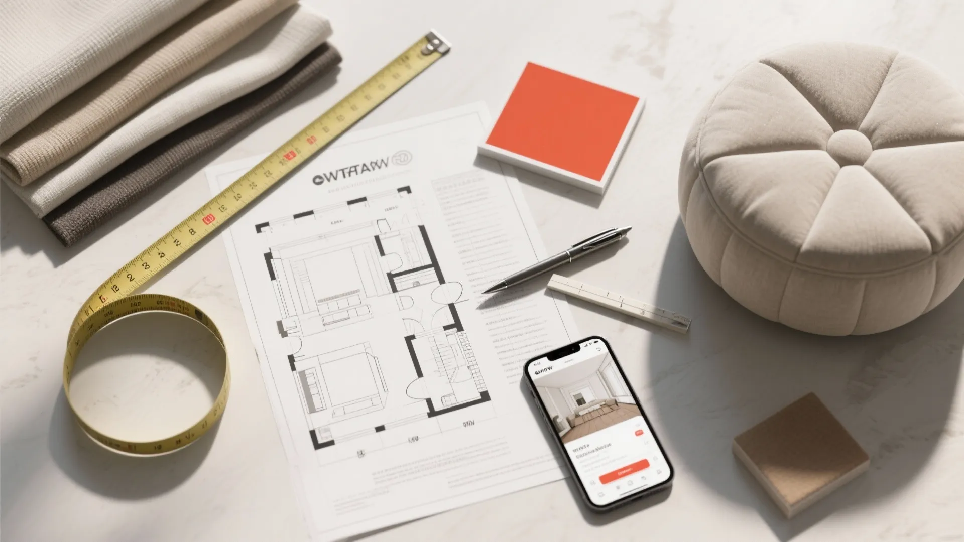 Interior design floor plan on desk with measuring tape fabric samples and a mobile phone