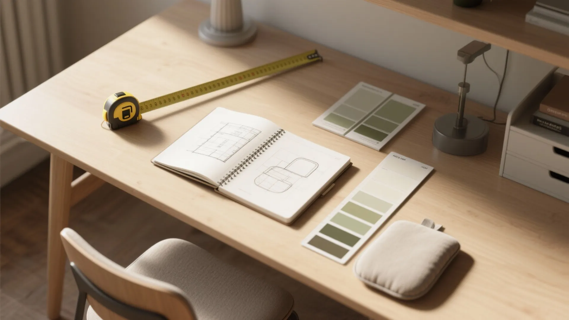 Wooden desk with yellow measuring tape, open notebook, green color samples, and desk light fixture