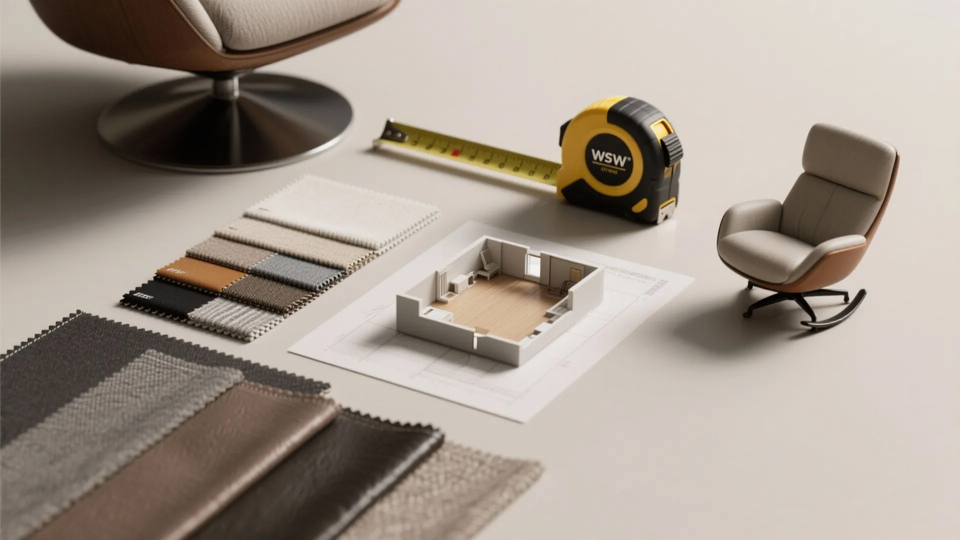 Flatlay of tape measure, fabric swatches and a small floorplan model for choosing a swivel recliner.