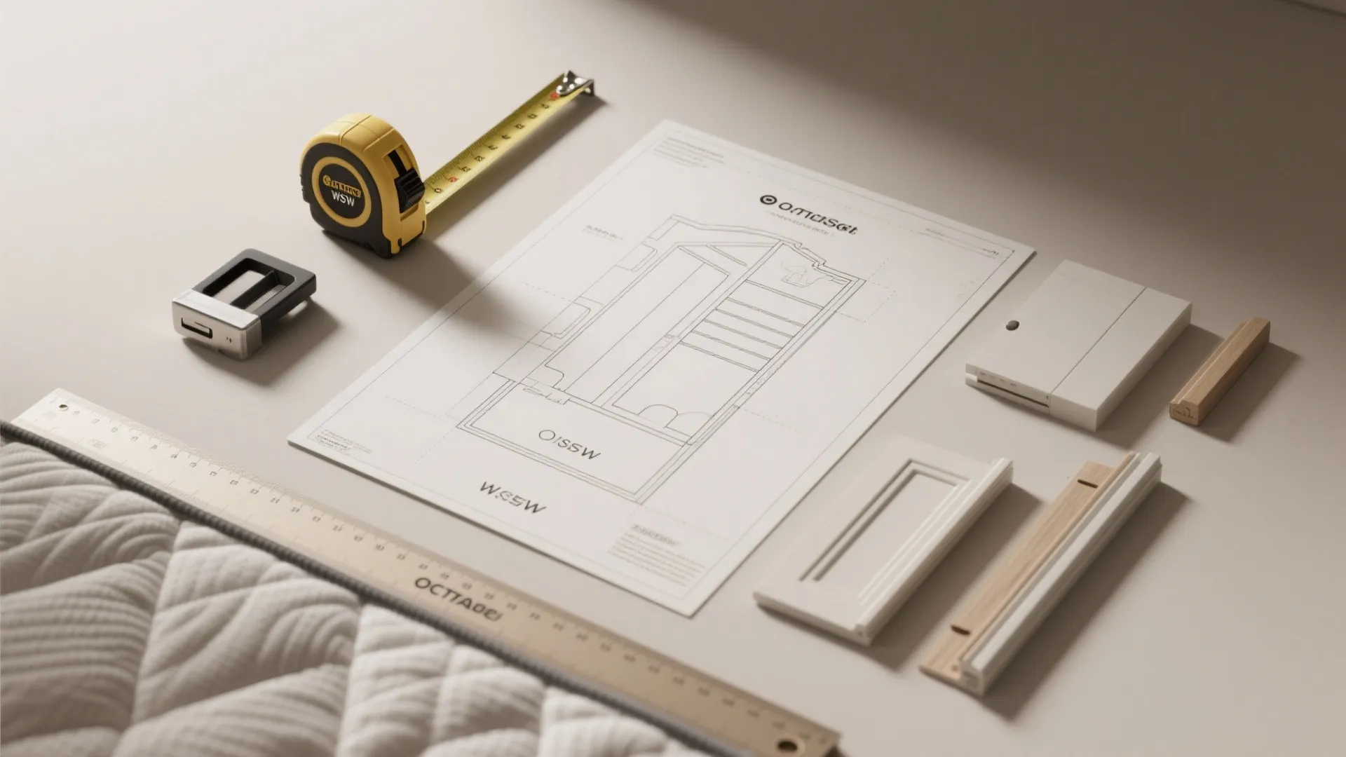 Top-down flatlay of measuring tools and furniture templates for planning door dimensions