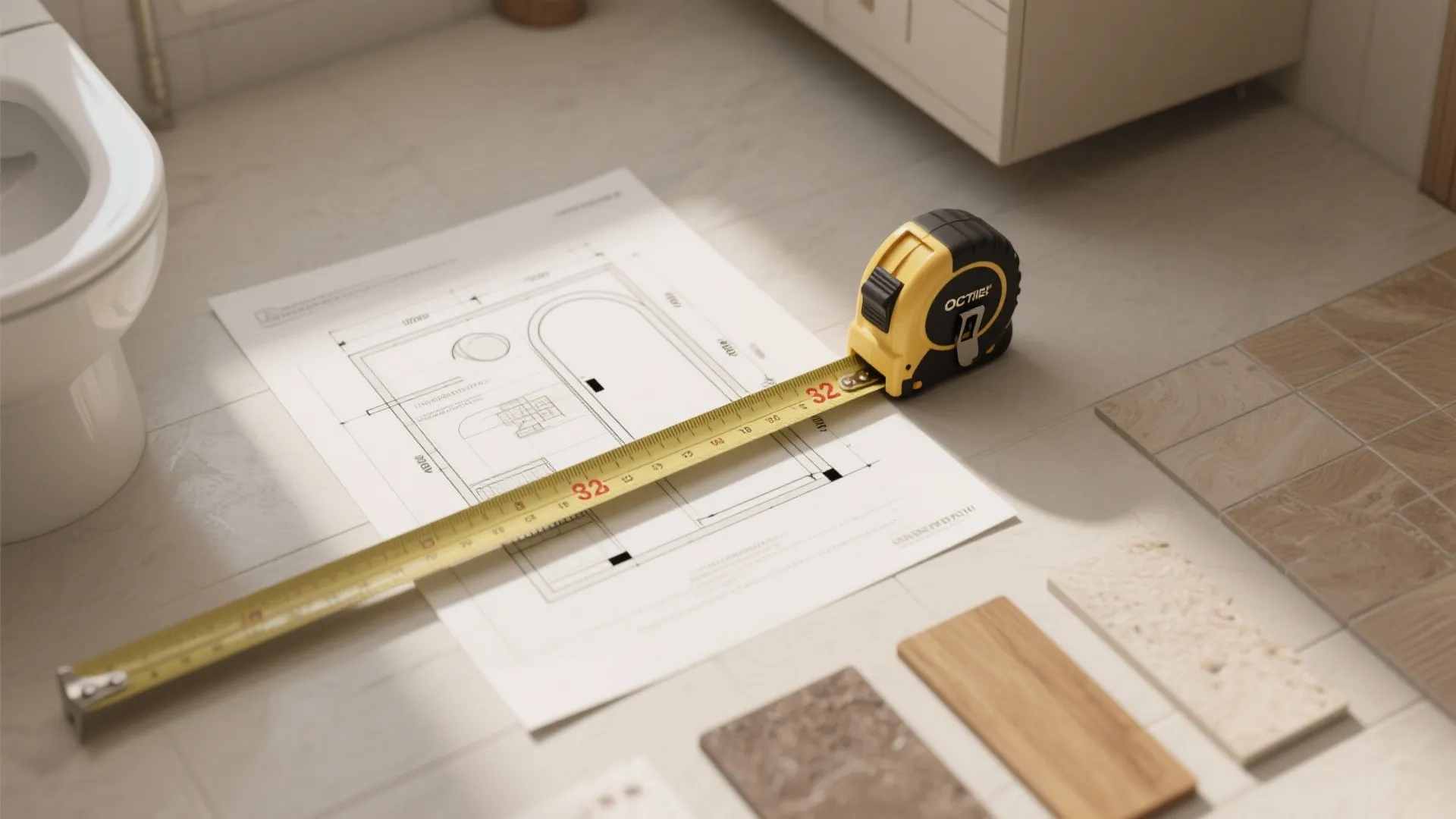 Flatlay of tape measure, floor plan showing door swings, and material samples for bathroom clearance planning.