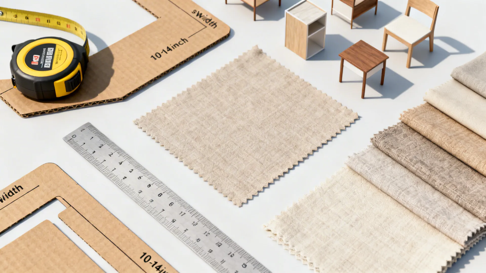 Top-down flatlay of measuring tools and cardboard templates showing narrow table footprint testing.