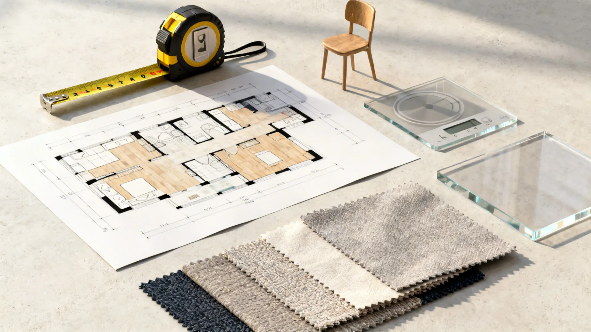 Flatlay of tape measure, 3D floor plan, chair mockups and fabric swatches