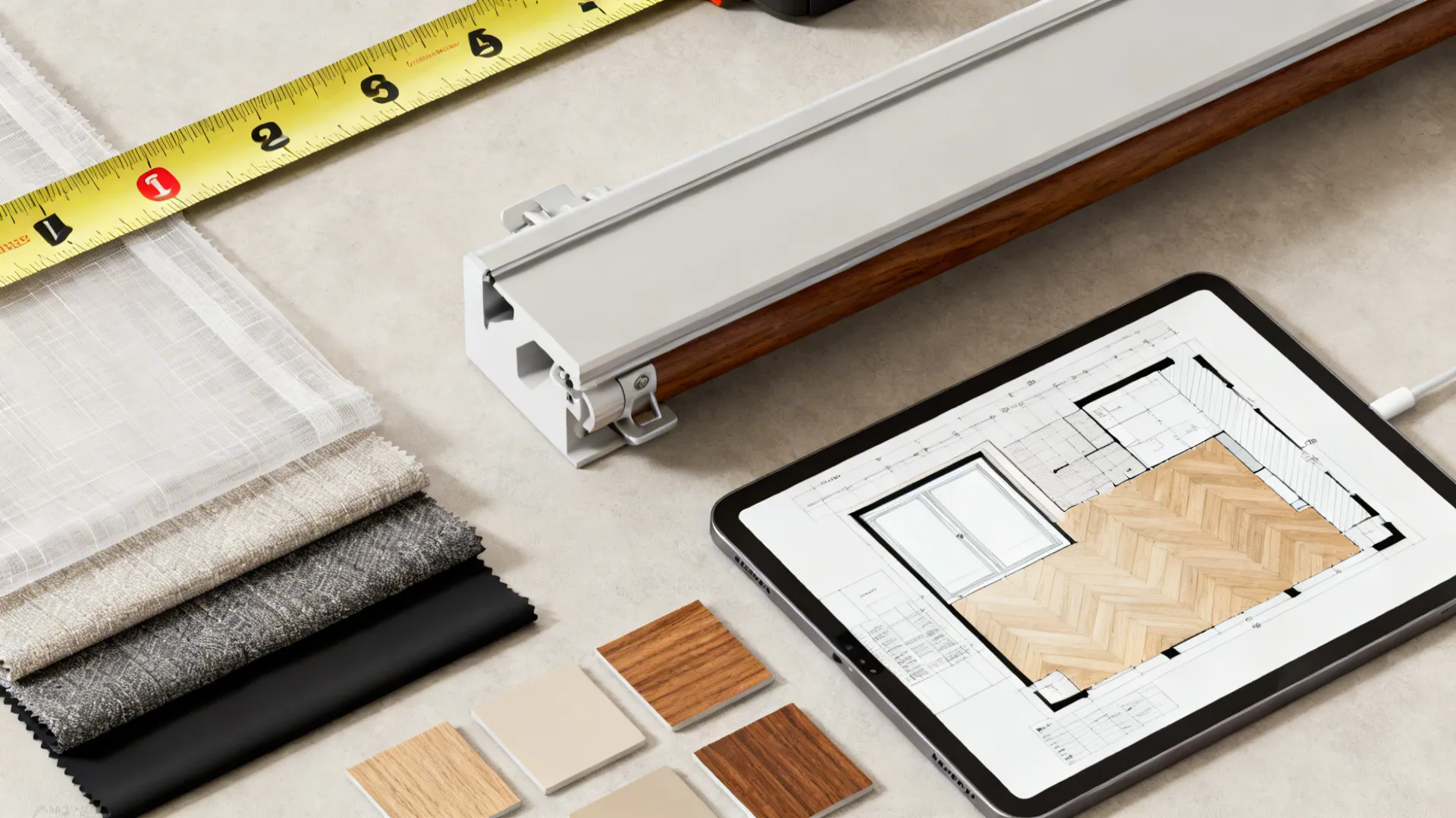 Table with measuring tape, fabric samples, wood pieces, window blind rail, and tablet showing layout