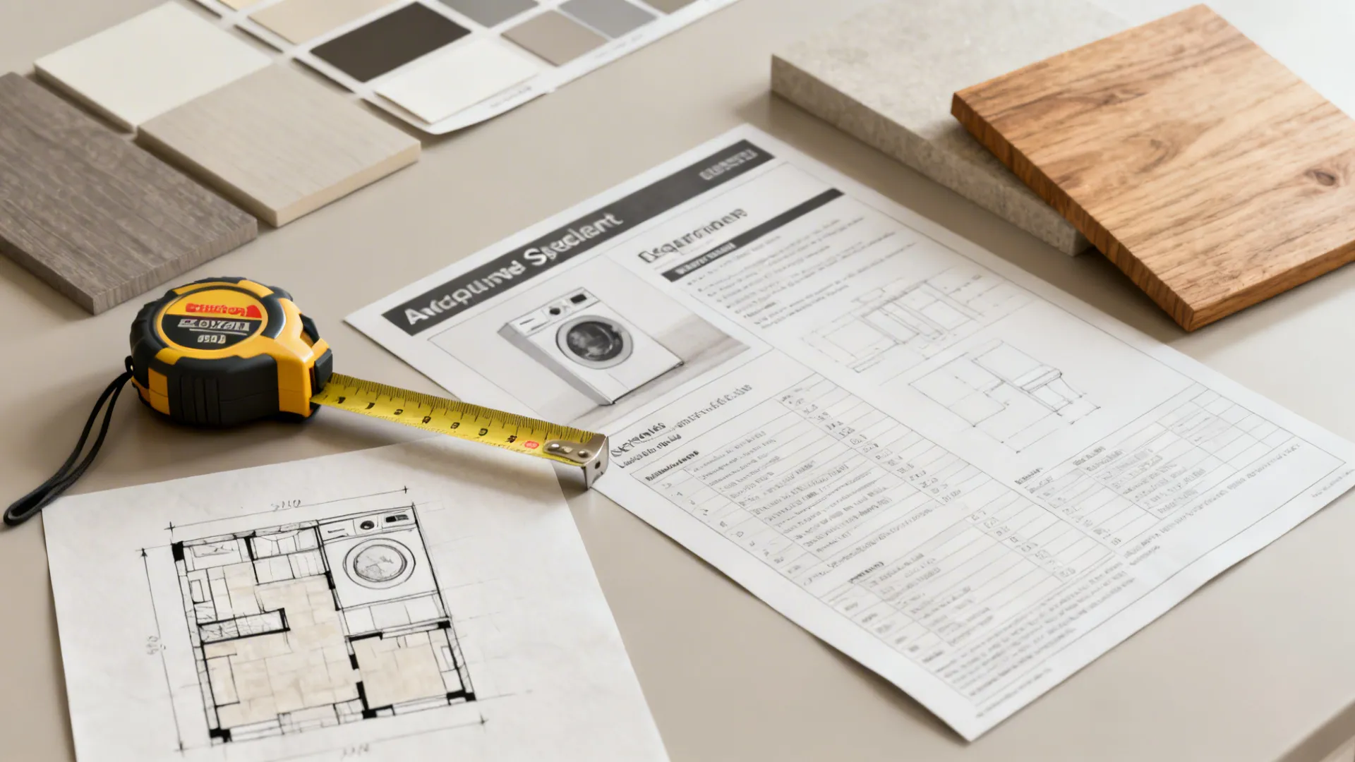 Yellow tape measure on top of laundry room interior design drawings and material color samples