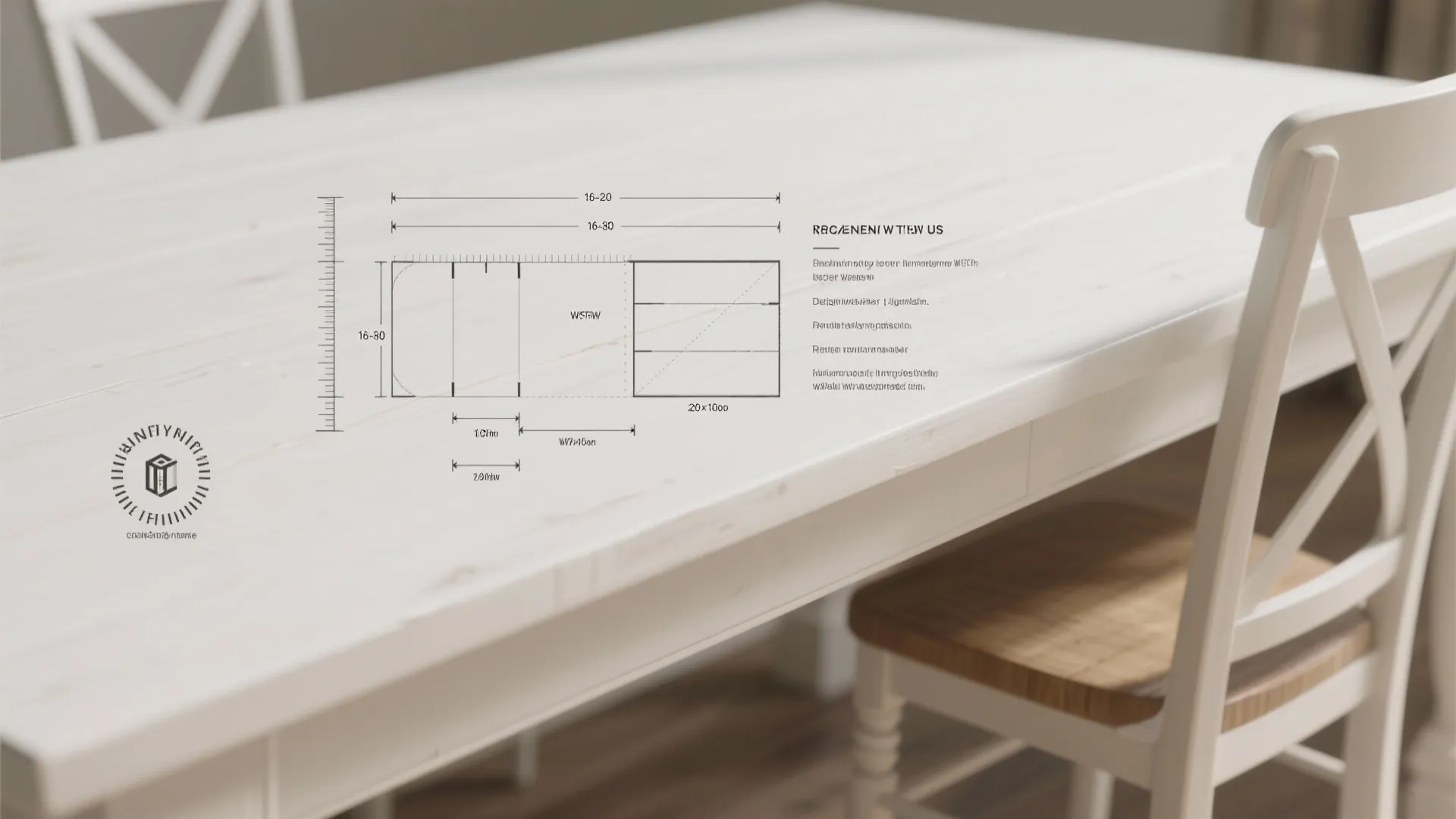 Interior design drawing with measurement numbers overlaid on a white wooden dining table and chair