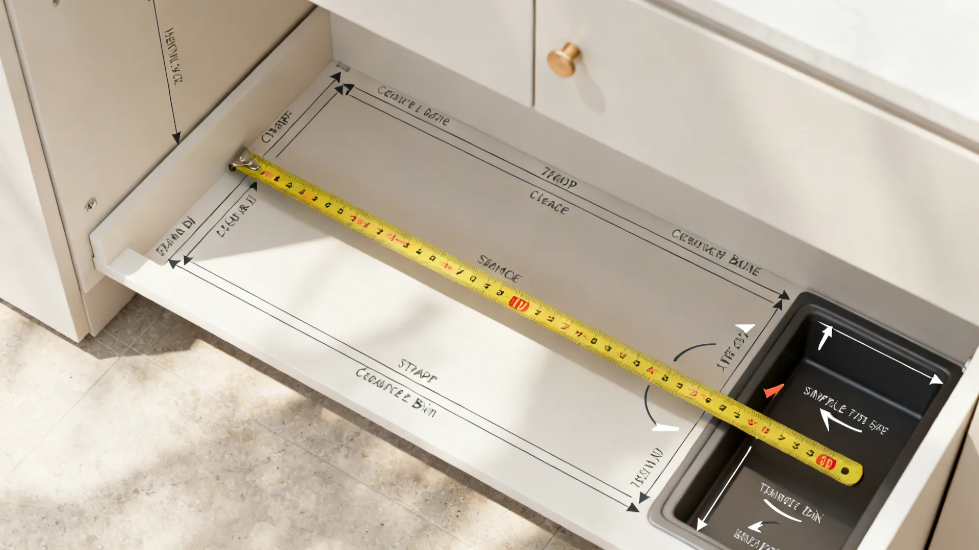 Top-down view showing measurement steps and clearances for under-sink pull-out bins around plumbing.