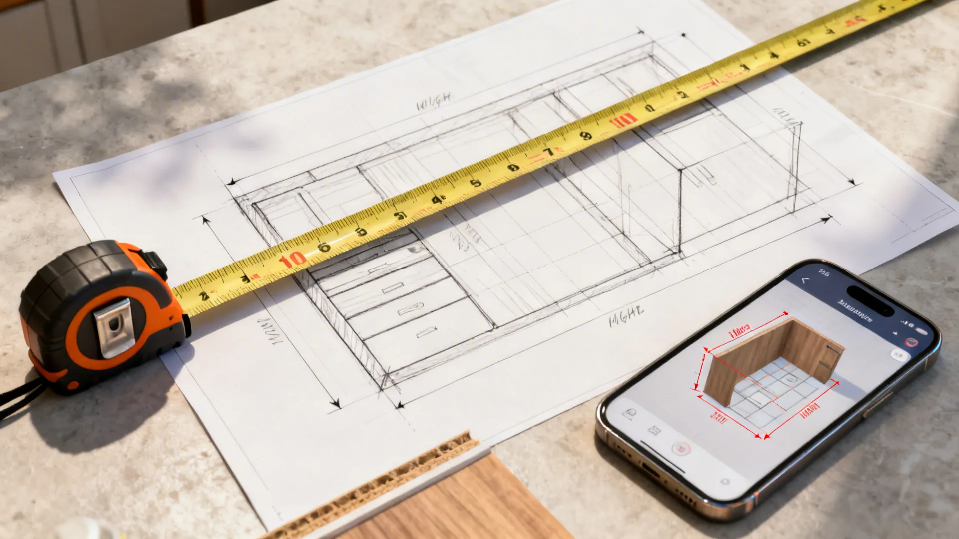 Top-down view of measuring an island back with tape measure, sketch, and 3D planner on a phone