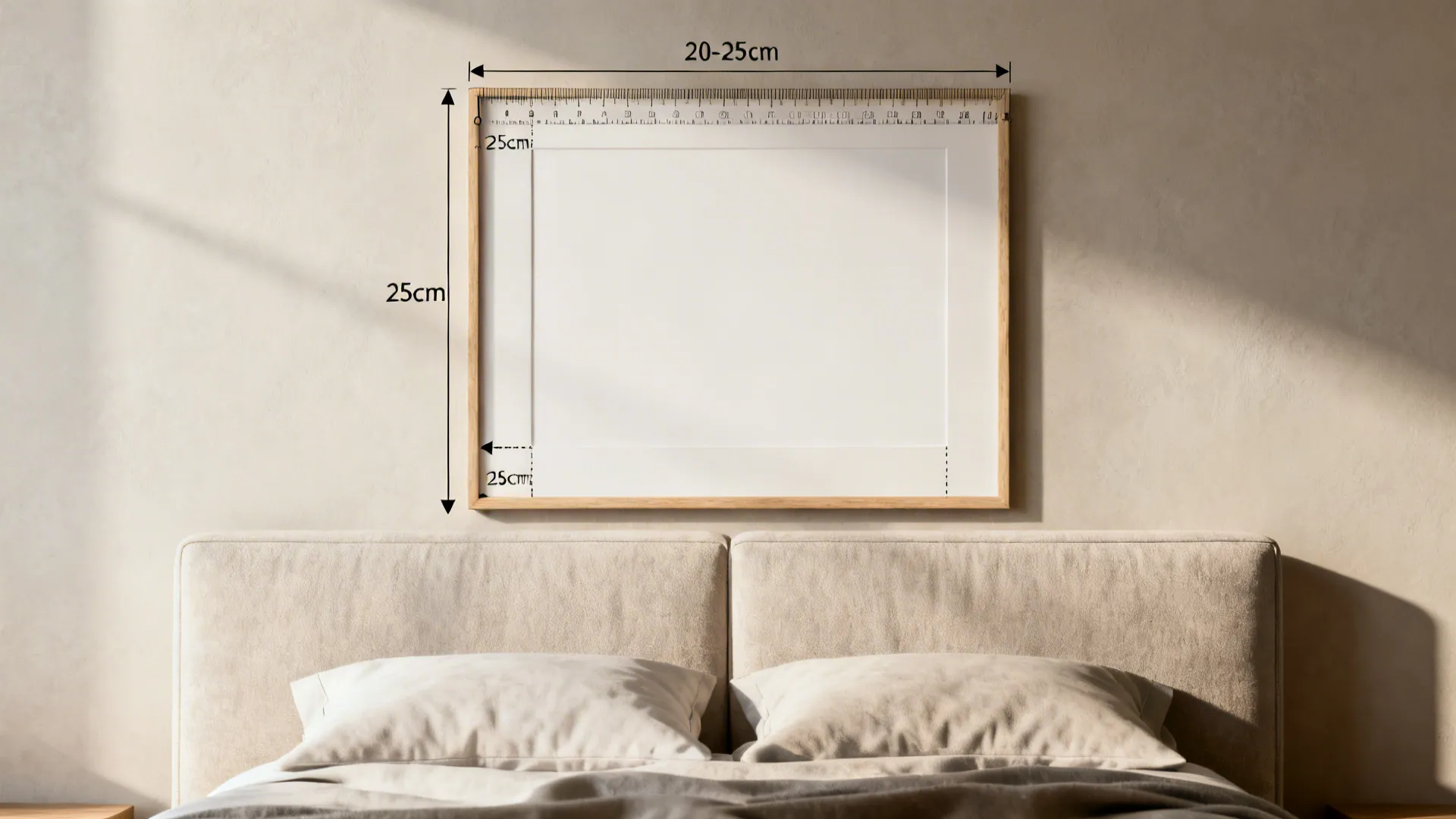 Instructional image showing recommended 20–25cm distance between headboard and artwork with a frame mockup.