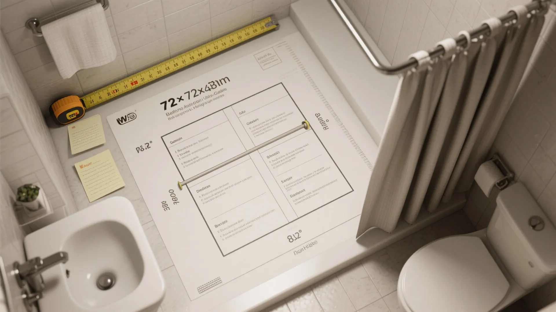 Top-down guide showing tape measure and 72x72 inch shower curtain layout for measuring rod length and height