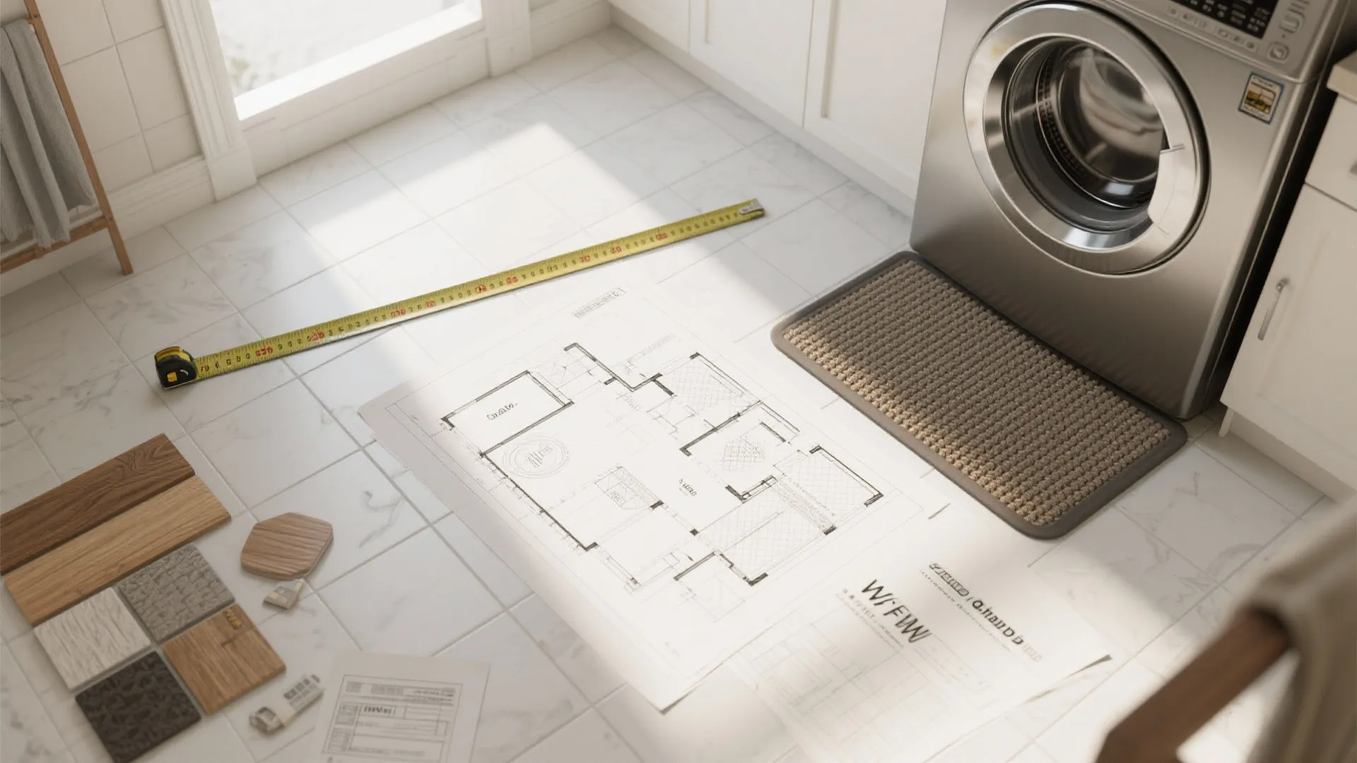 Top-down planning layout with tape measure, floorplan, samples and utility mat for laundry flooring prep.