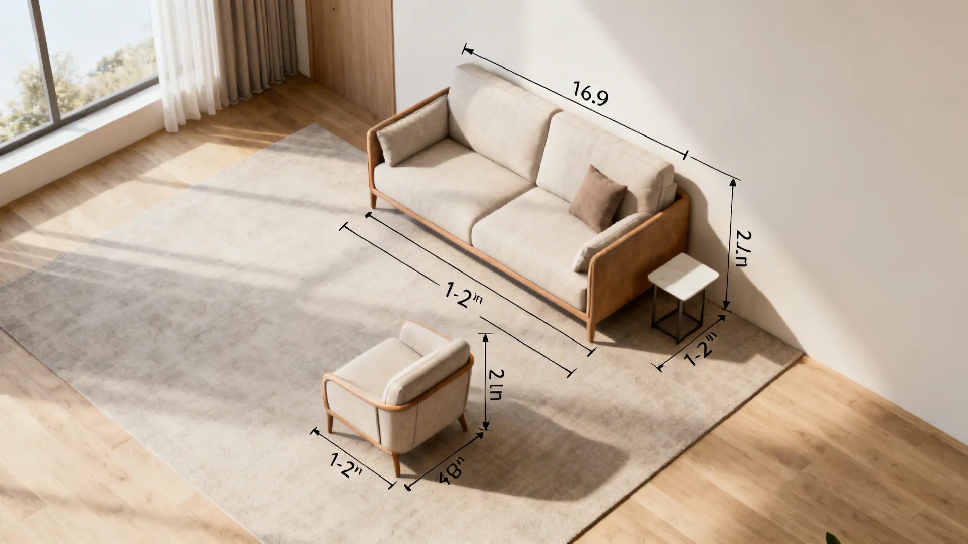 Interior design drawing showing sofa and chair layout with measurement lines for the furniture placement
